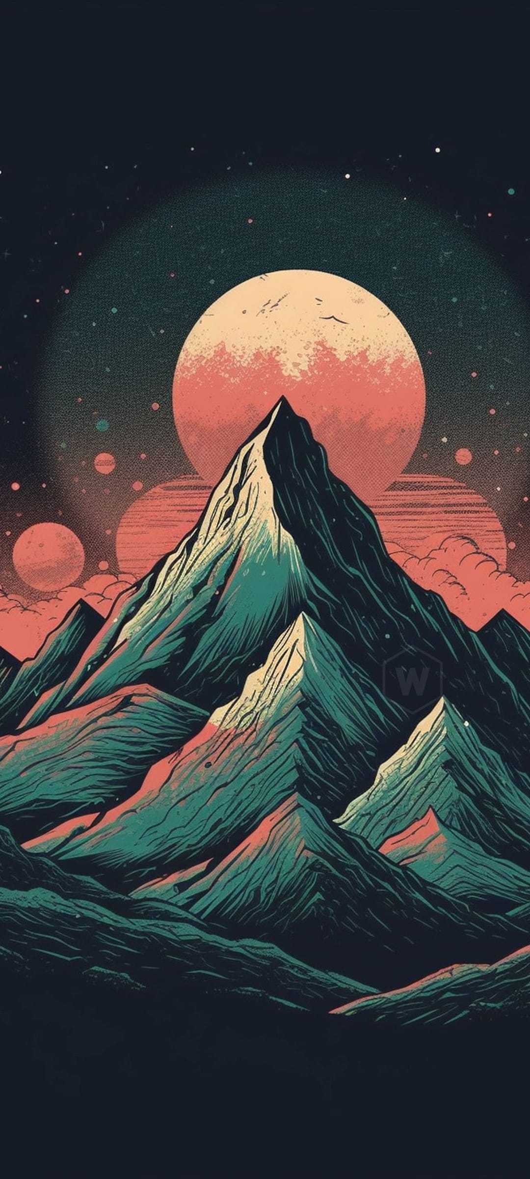 Jagged teal mountains beneath a giant crimson moon and smaller pink planets in a starry night sky.