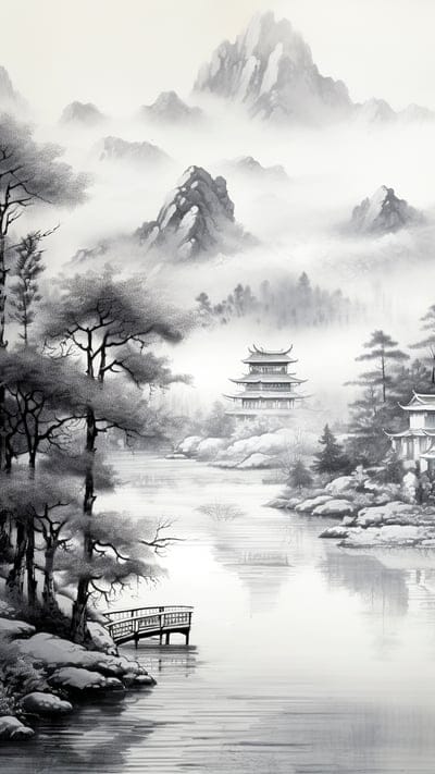 mountains,fog,pagoda,river,art