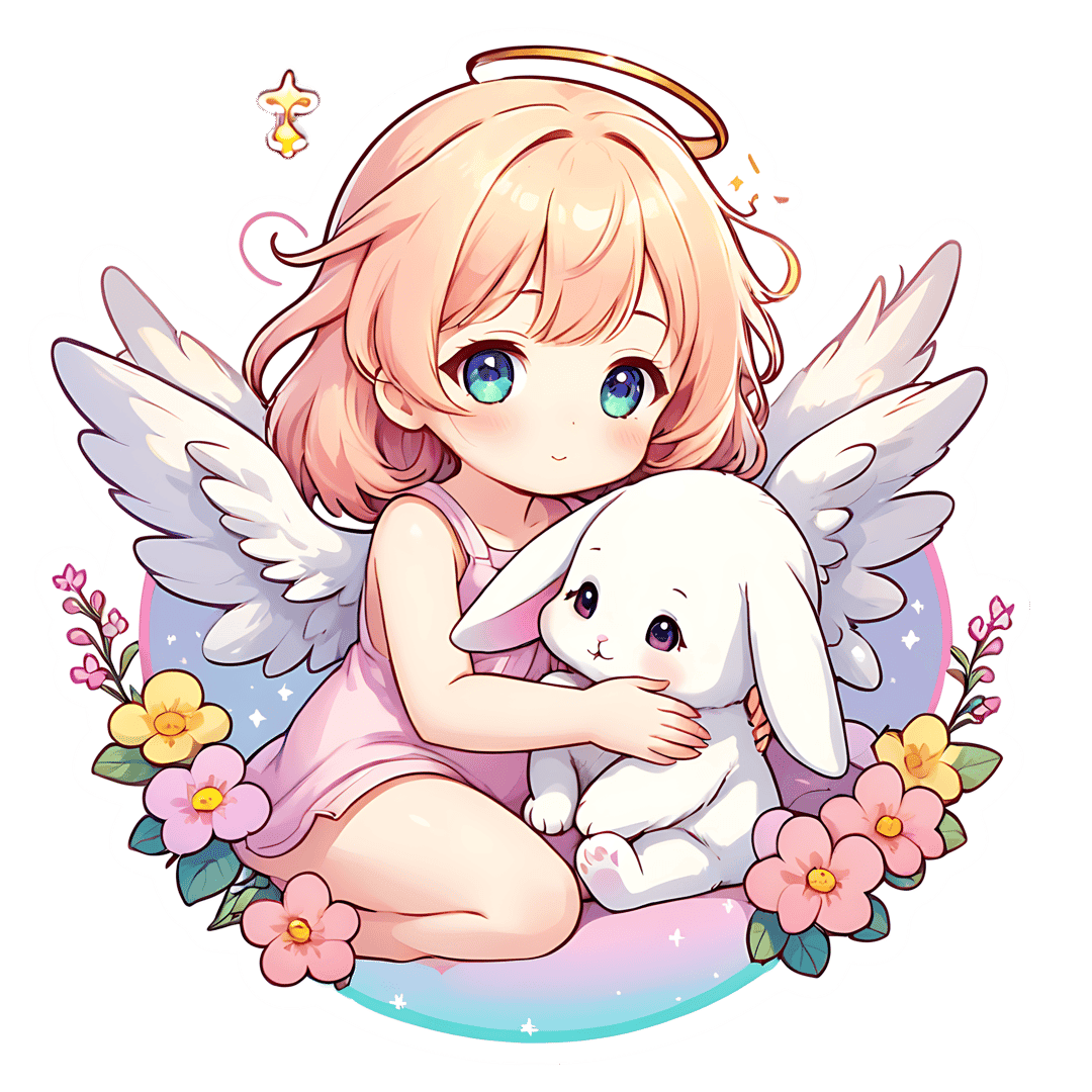 Chibi angel sticker character holding a white rabbit surrounded by pink flowers and a pastel sky background.