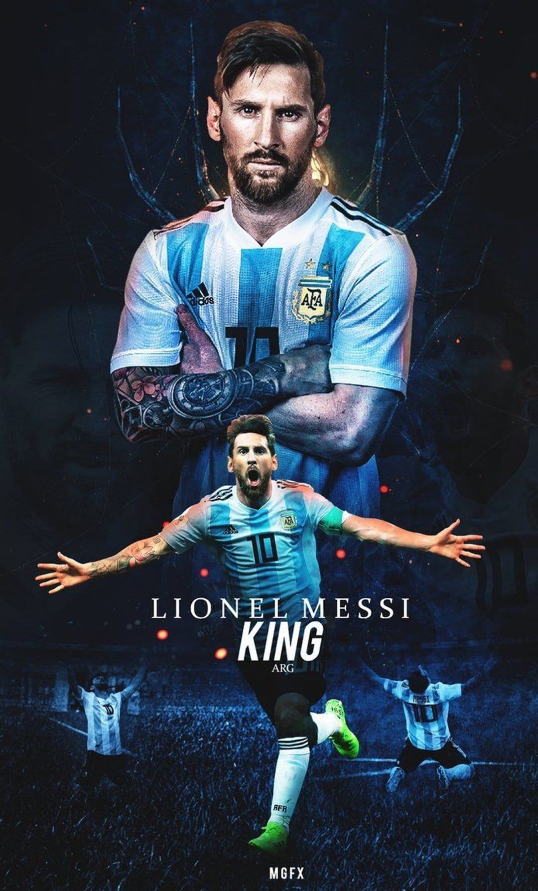 Lionel Messi wearing an Argentina jersey with arms crossed above a smaller action shot on a dark pitch.