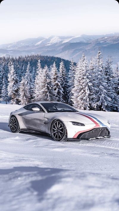 Snowy Vantage, aston, car, mountains, new, snow, esports, supercar, mobile wallpaper, android wallpaper, iPhone wallpaper, phone wallpaper
