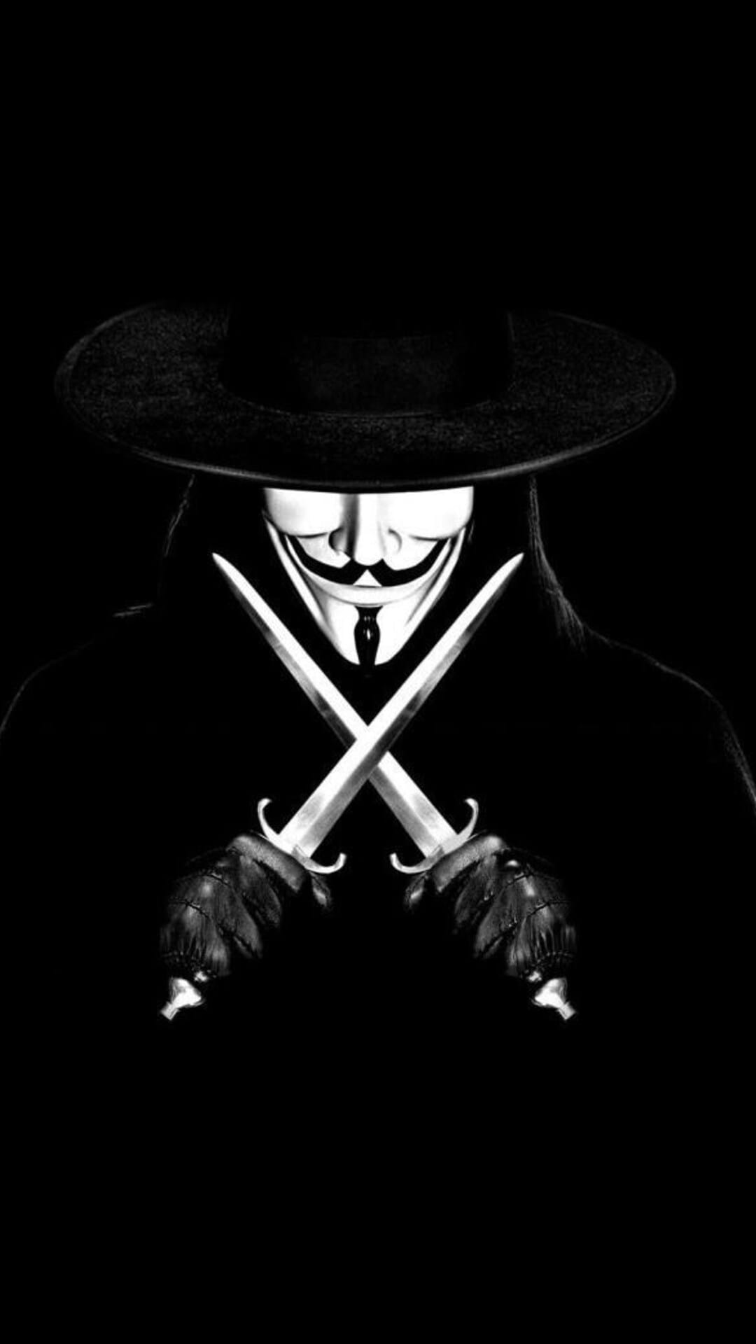 Guy Fawkes mask and hat above gloved hands holding two crossed daggers against a solid black background.
