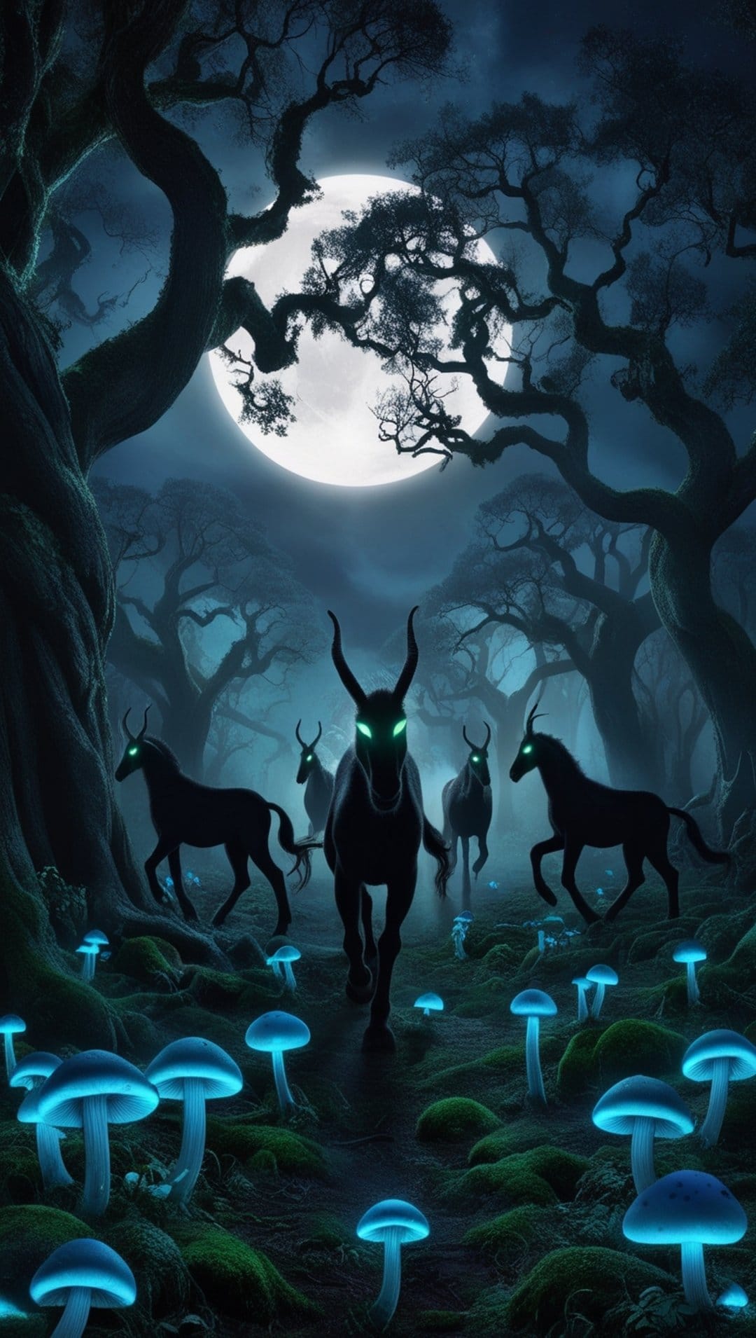 Glowing green mushrooms line a forest path where deer with luminous eyes stand under a bright full moon.