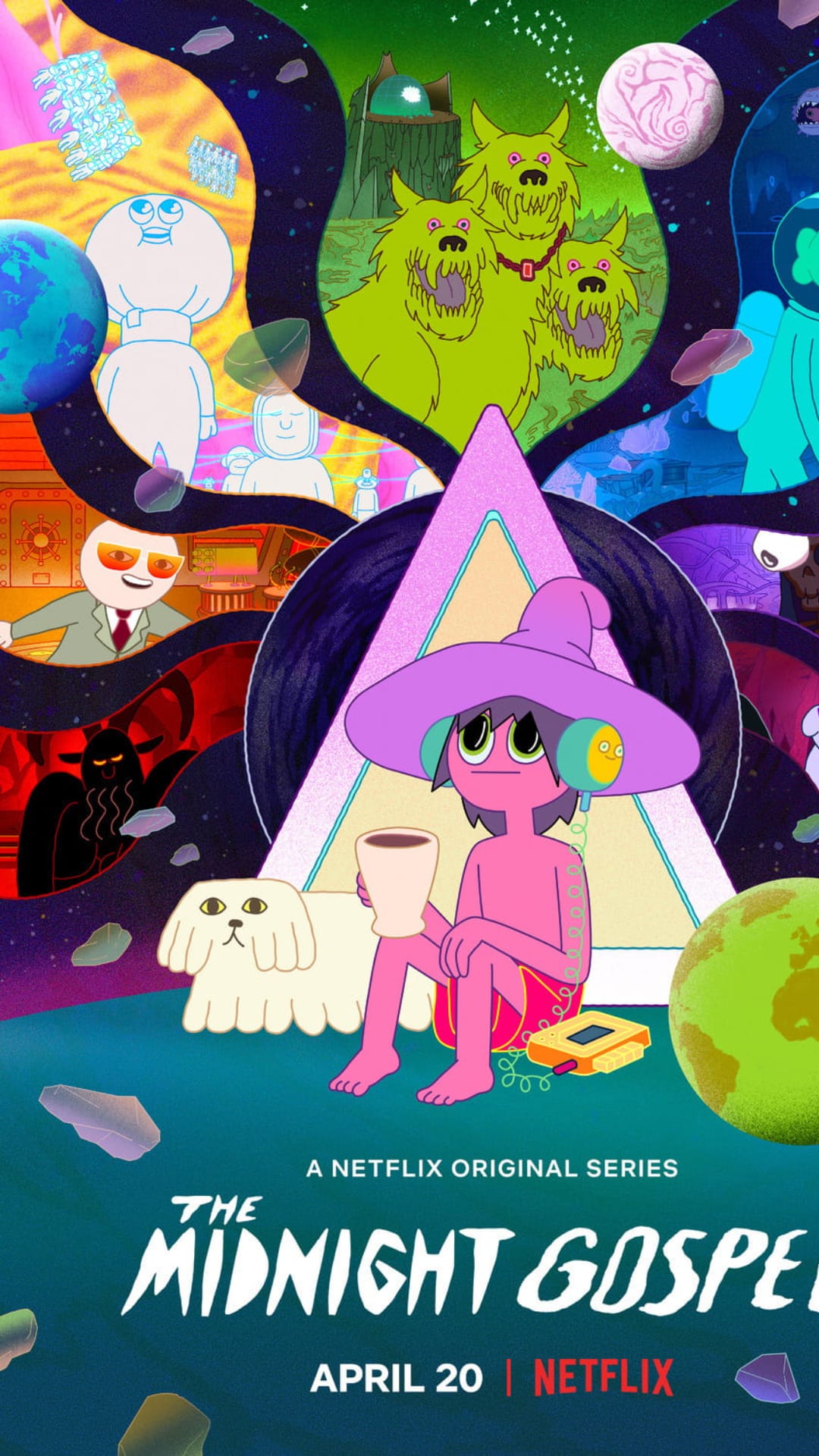 Clancy Gilroy floats beside a dog and cassette player among surreal characters in a vibrant cosmic void.