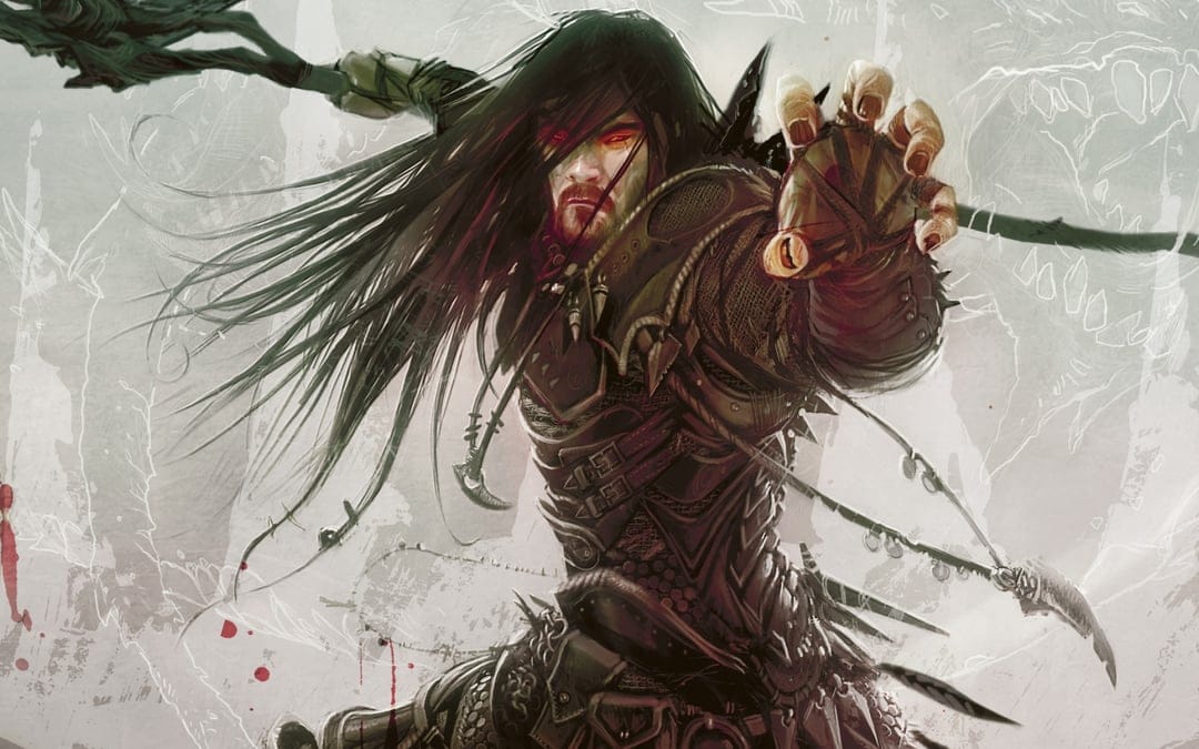 Dark warrior with long black hair, glowing red eyes, and bone-adorned armor reaching forward in a battle pose.