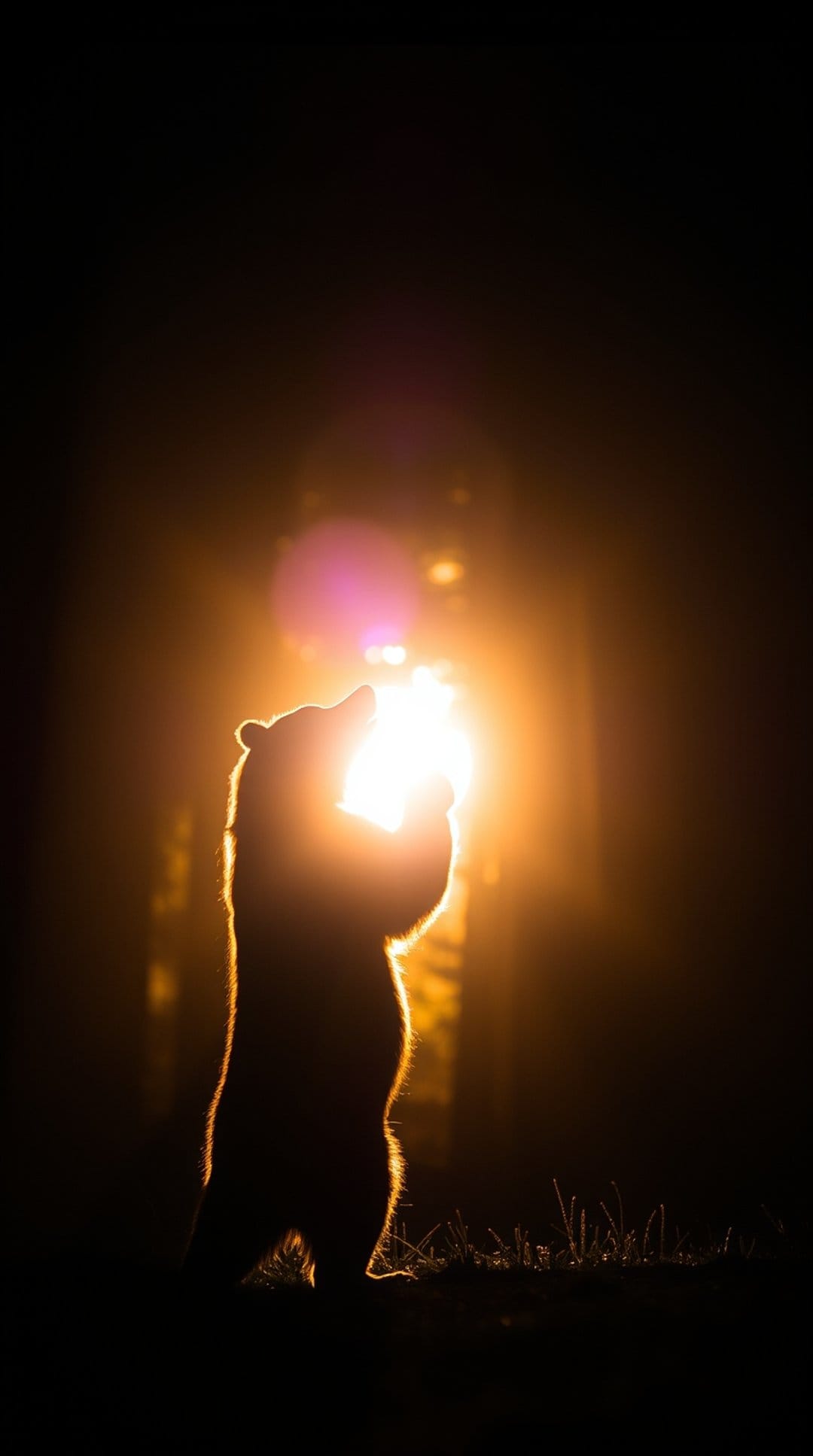 Bear cub silhouette standing on hind legs to touch the bright orange sun against a dark hazy forest background.