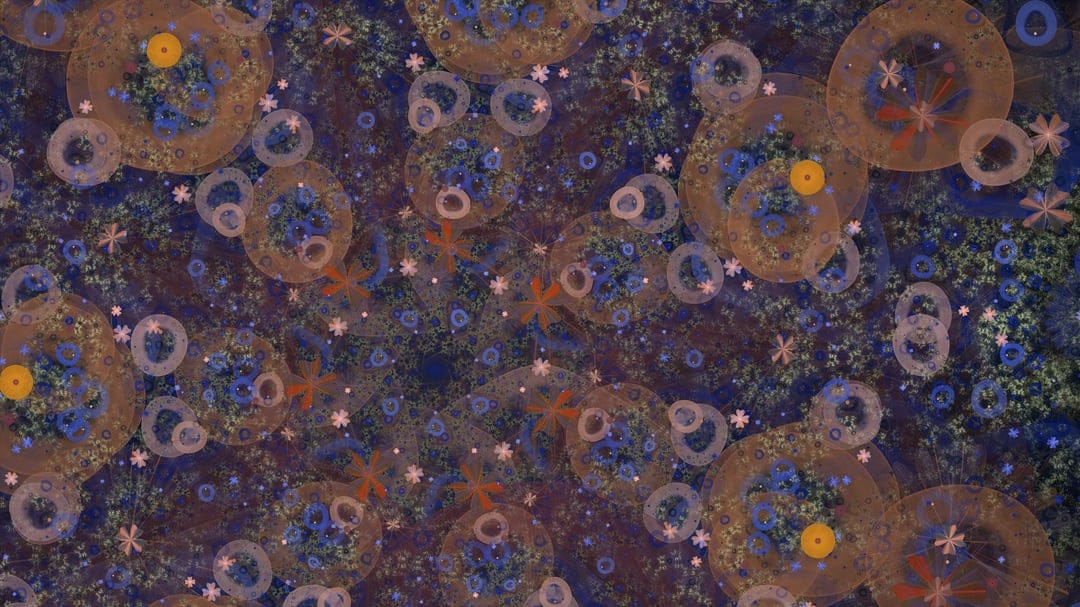 Orange circular fractal cells with textured blue centers float amidst pink star shapes on a dark background.