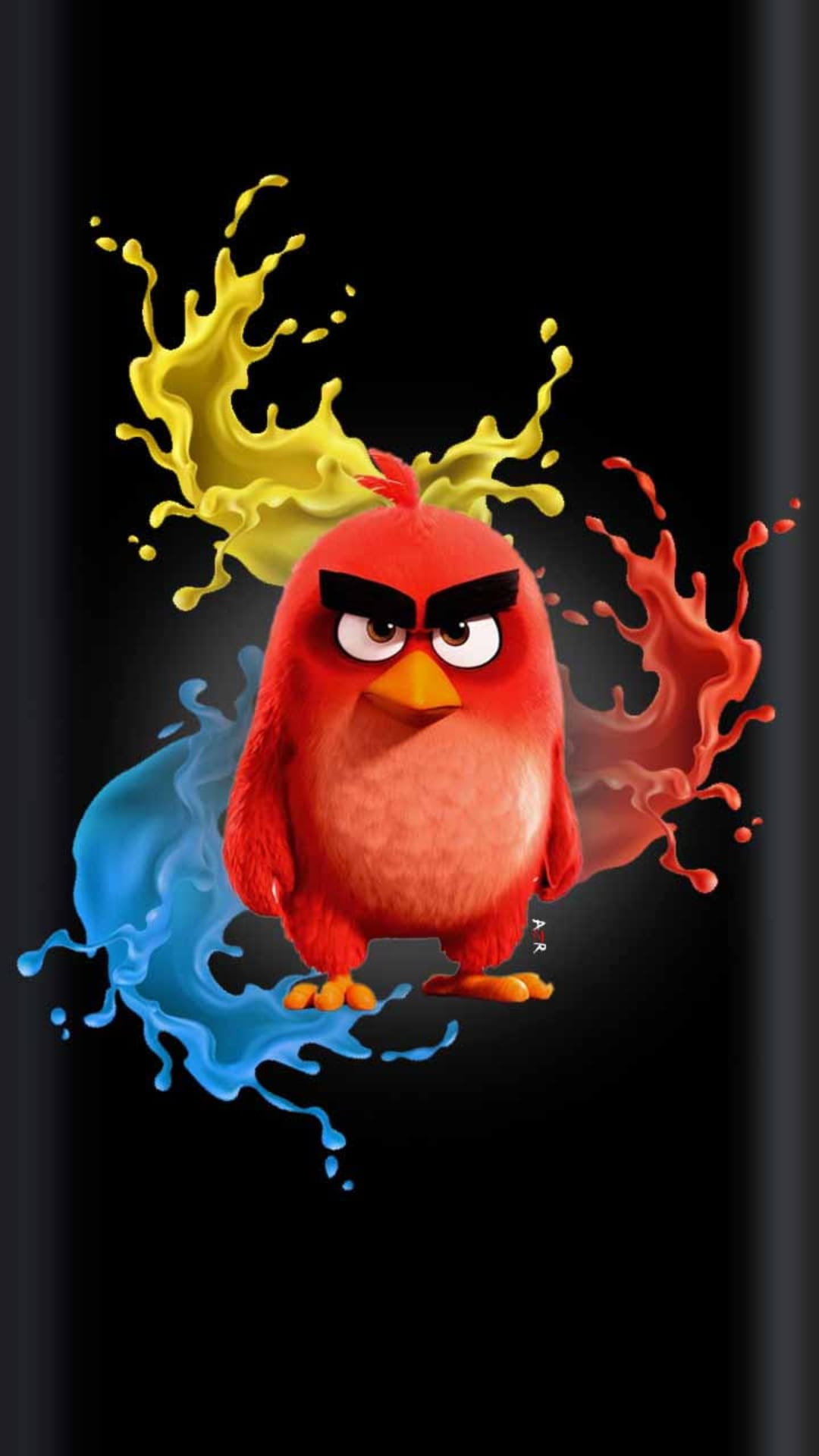 Angry Red Bird character glares from a dark void surrounded by vibrant yellow and blue liquid paint explosions.