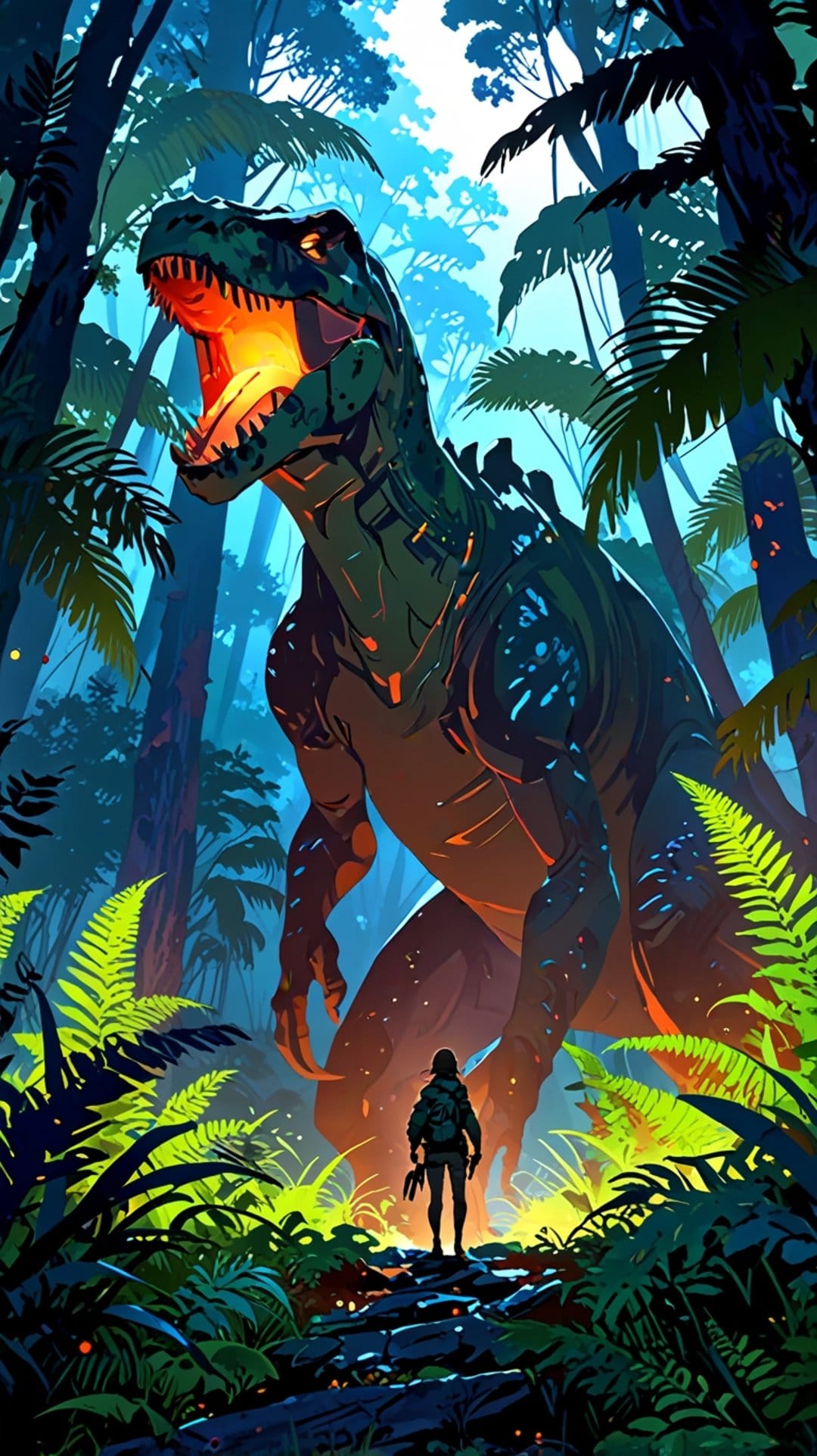 Tyrannosaurus Rex with a glowing orange mouth roars at a small hiker silhouette in a dense tropical forest.