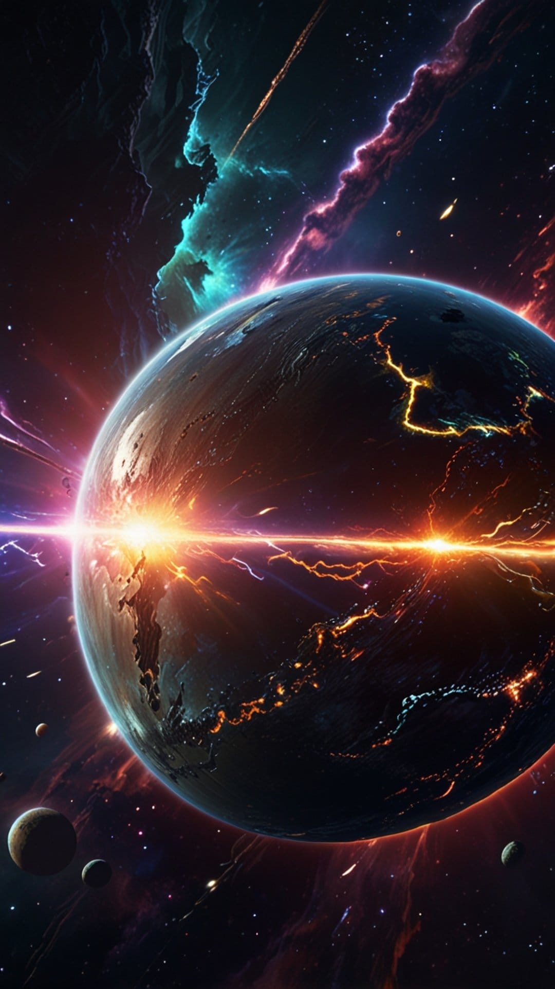 Fractured dark planet with glowing orange fissures surrounded by swirling teal and purple nebulae in deep space.
