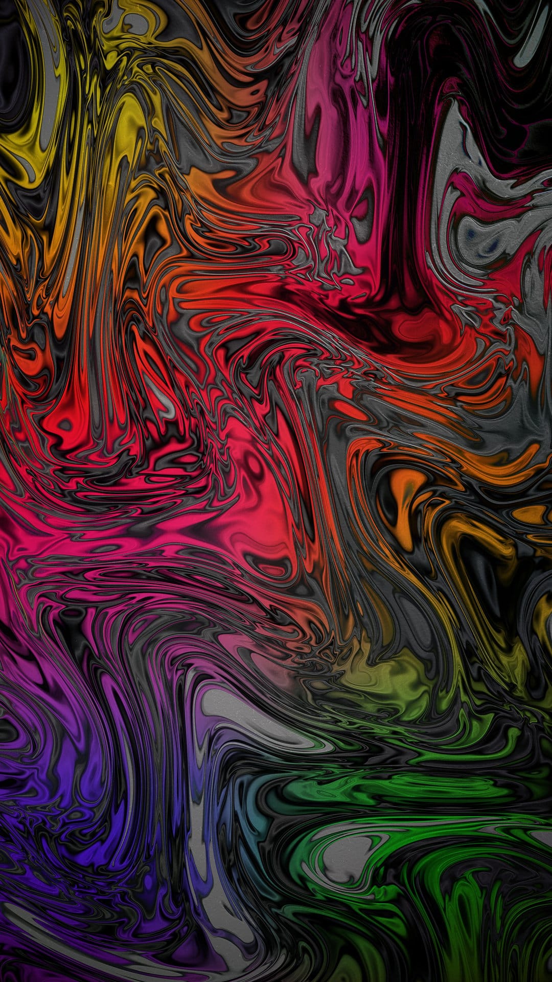 Intertwining ribbons of purple, blue, and orange light form a dense and vibrant marbled liquid pattern.
