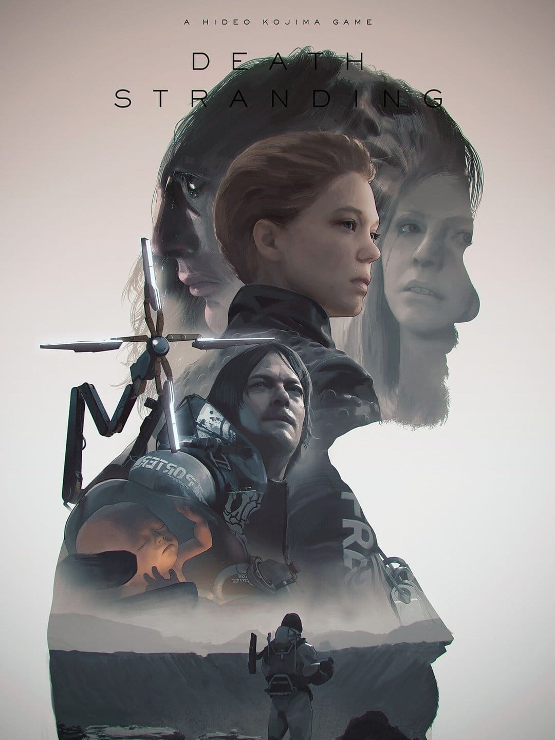 Sam Porter Bridges and Fragile in a multi-layered character collage from the video game Death Stranding.