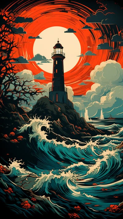 lighthouse,sea,waves,clouds,sun,art