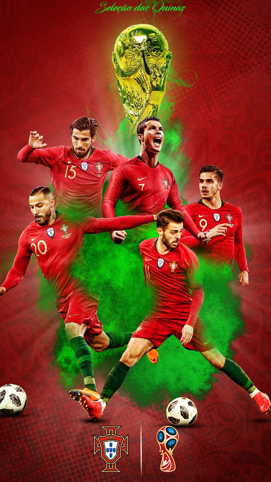 Portuguese football players cheer while holding the gold World Cup trophy against a red and green team background.