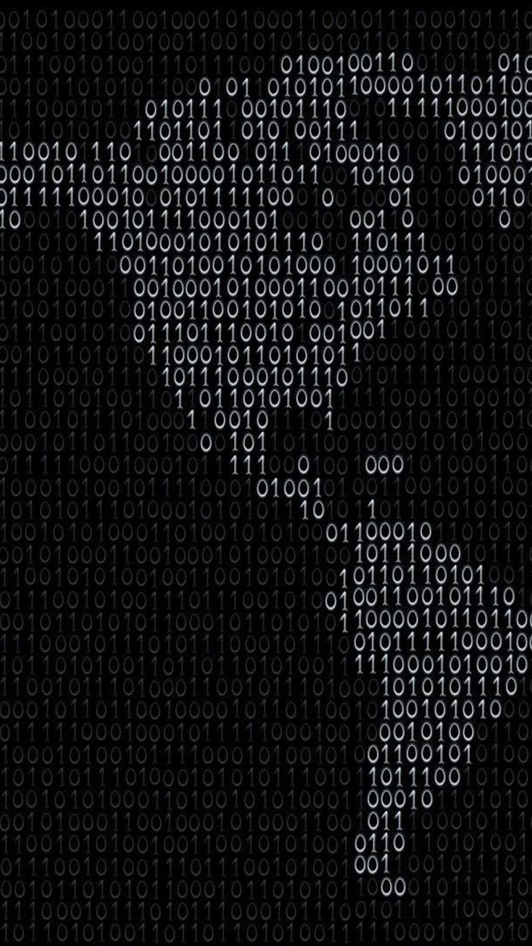 Italian peninsula map composed of glowing binary code digits against a stark black background in high detail.