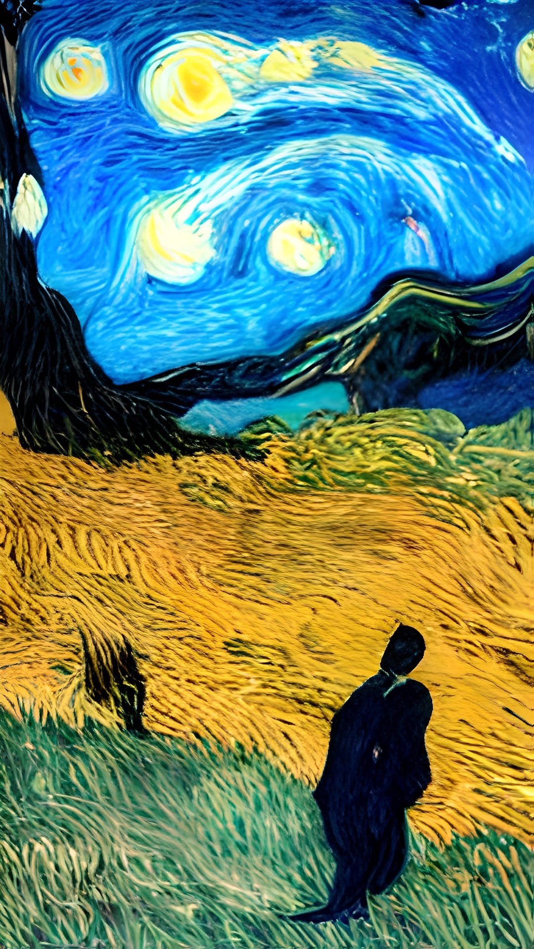 Man and woman embrace in a golden wheat field beneath a swirling night sky with bright yellow stars and blue moon.