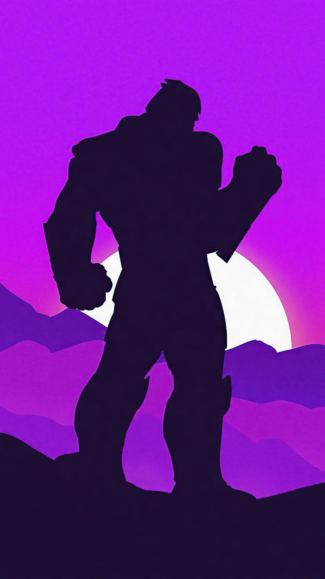 Thanos silhouette standing against a massive glowing sun and minimalist purple mountain ridges at twilight.