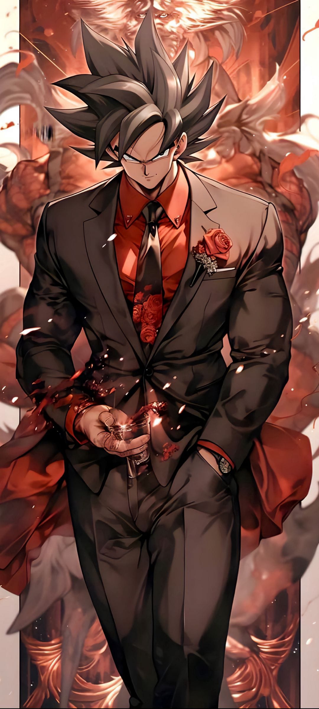 Goku in a black suit and red shirt holding a glass of crimson liquid with scattered roses and fiery backgrounds.