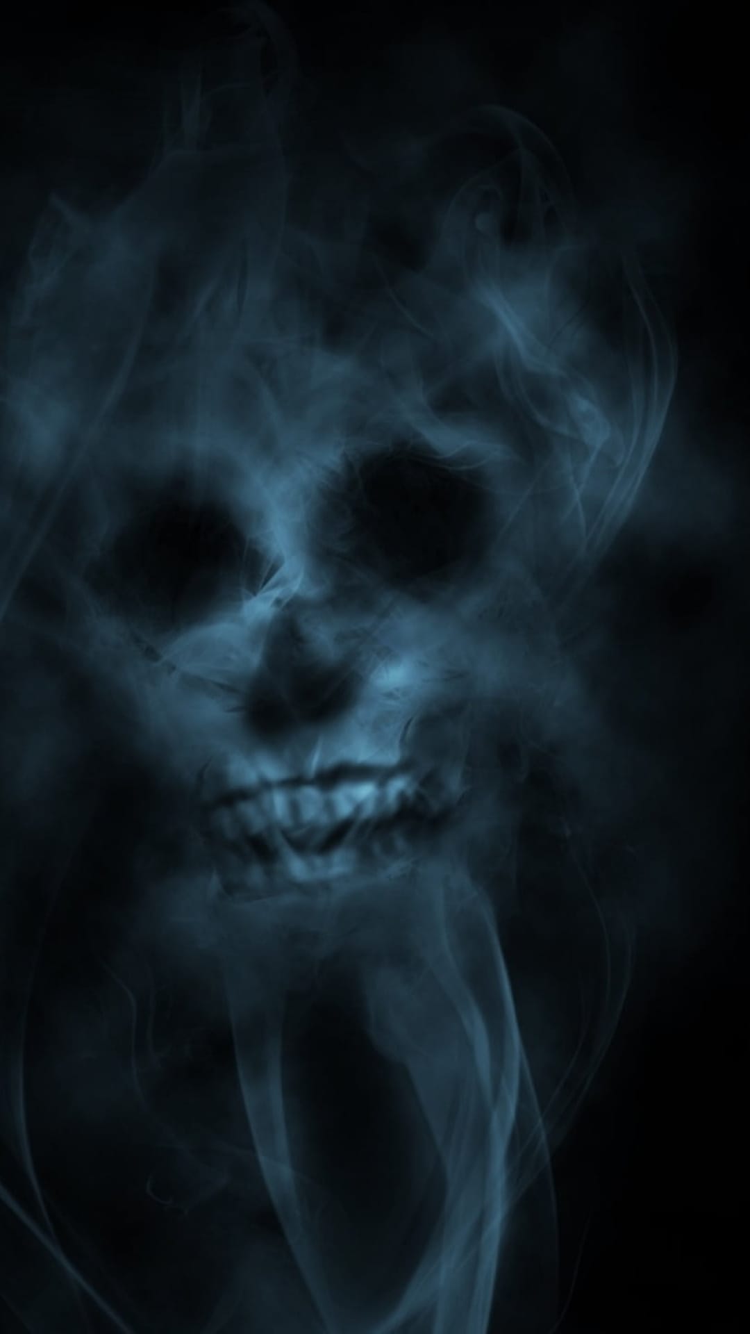 Skull silhouette formed by swirling translucent blue smoke against a dark, pitch-black background.
