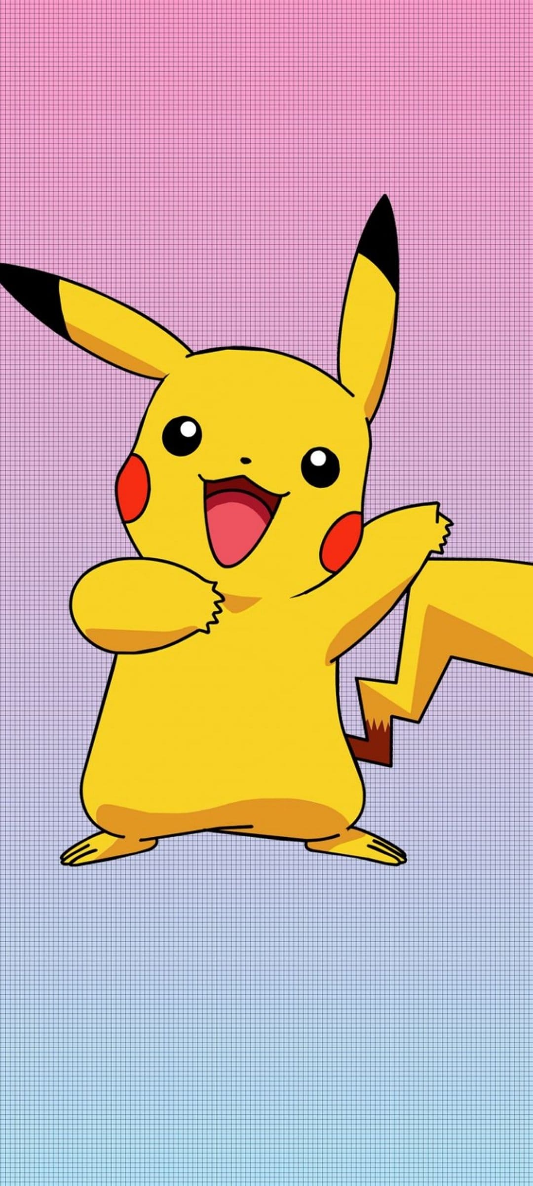 Pikachu smiles with outstretched arms against a vertical background of blended pink and light blue colors.