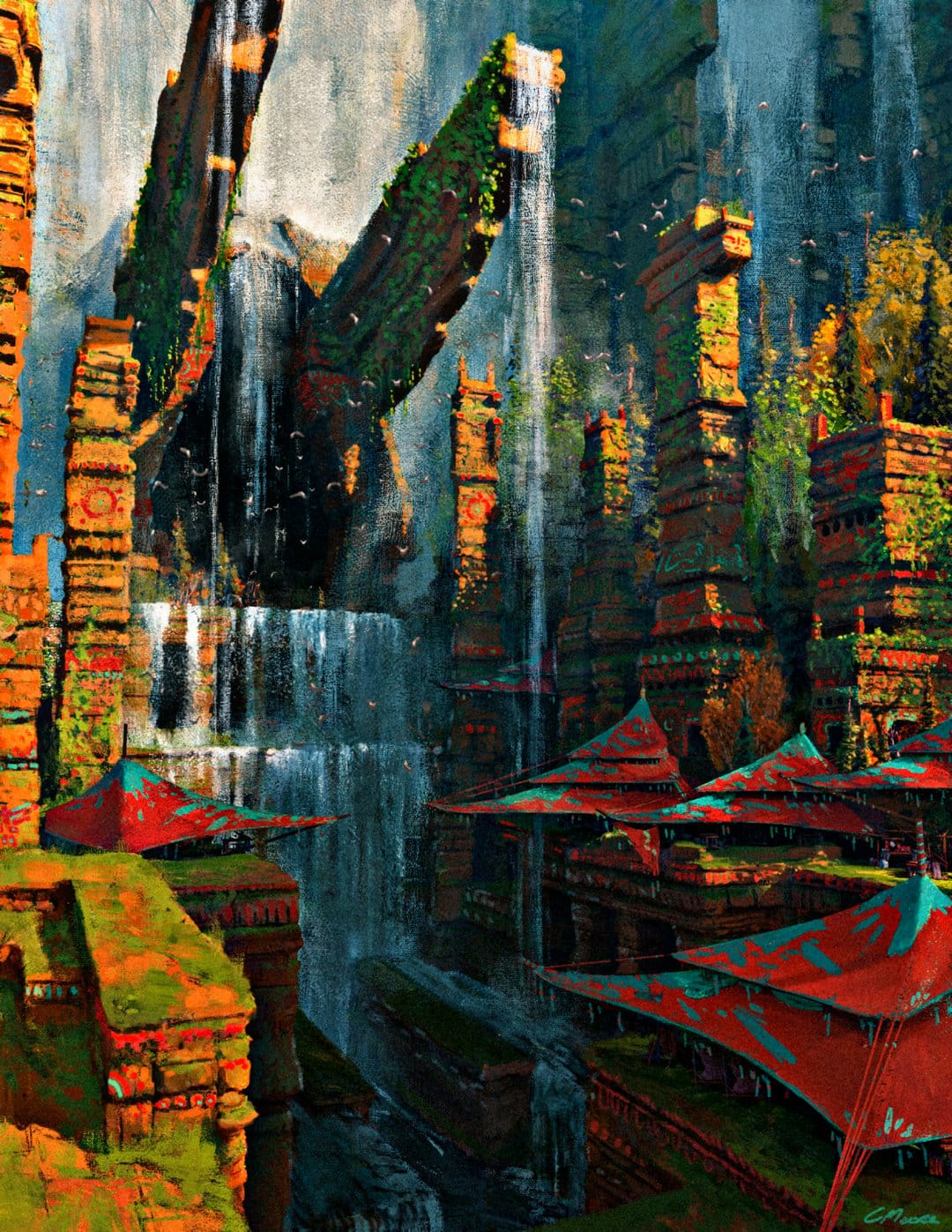Stone architecture built into a cliff beside a massive waterfall with red and teal canopies and flying birds.