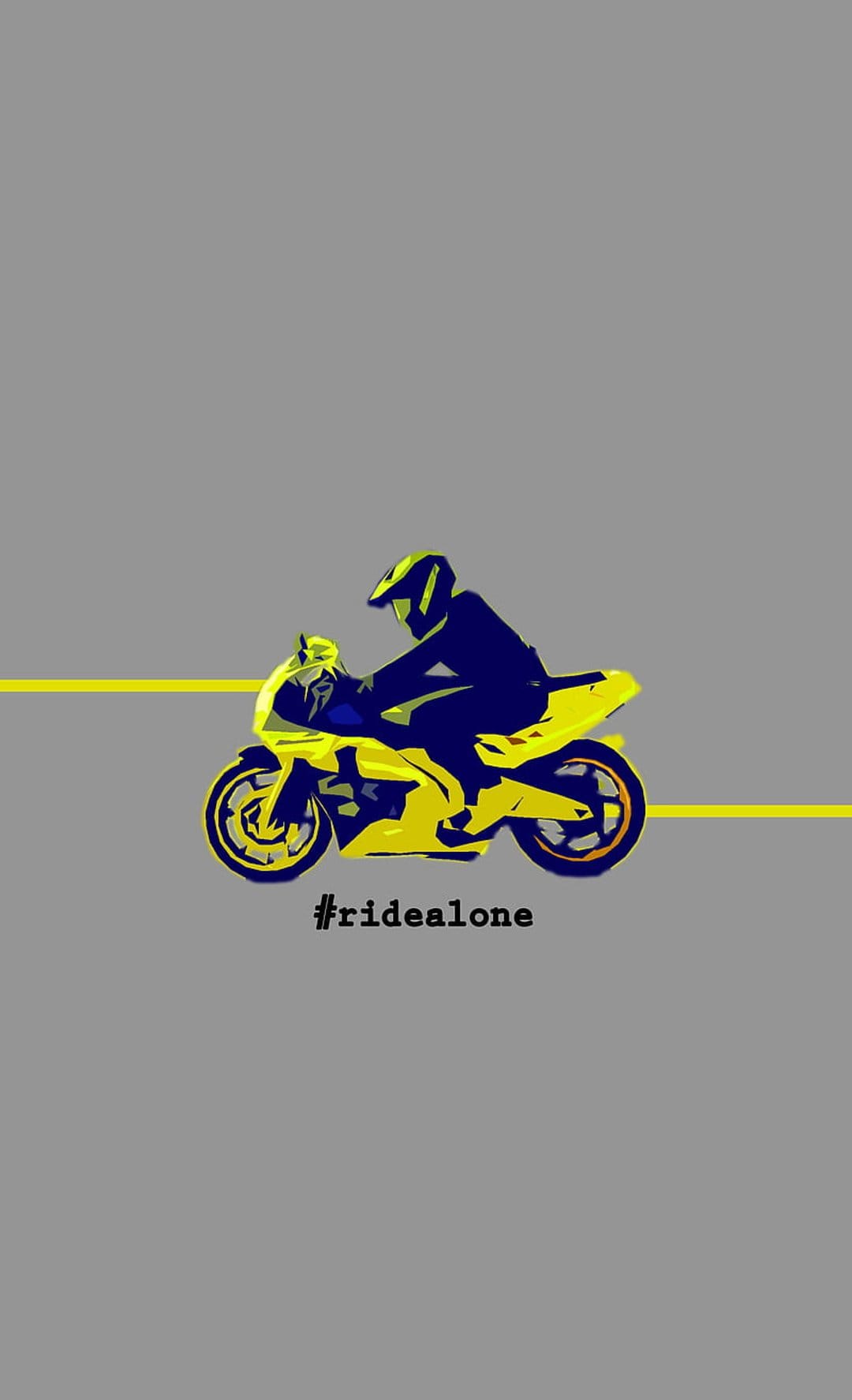 Motorcyclist in a blue suit rides a yellow sportbike past a horizontal stripe on a gray background with text.