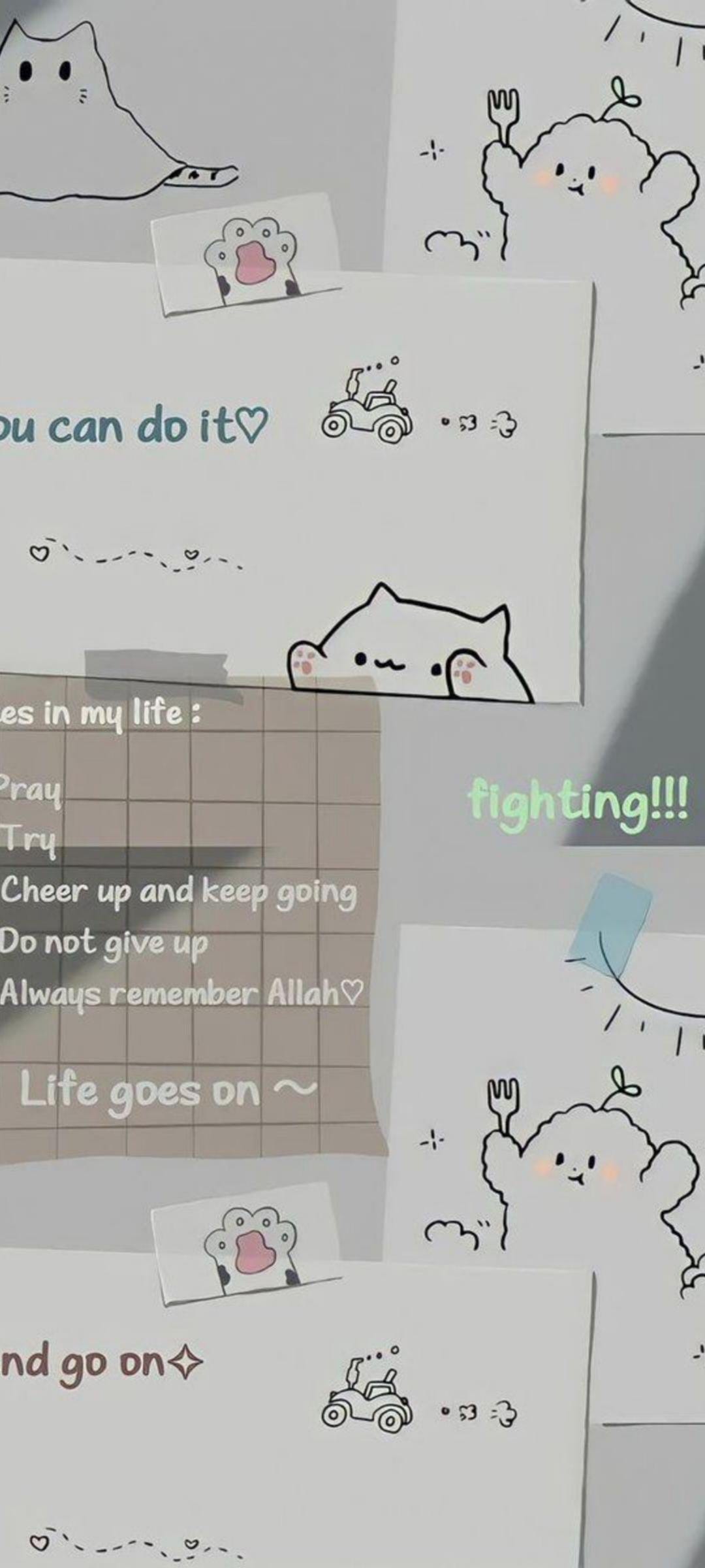 Small white kittens lounge on fluffy pastel clouds with handwritten motivational phrases in a soft blue sky.