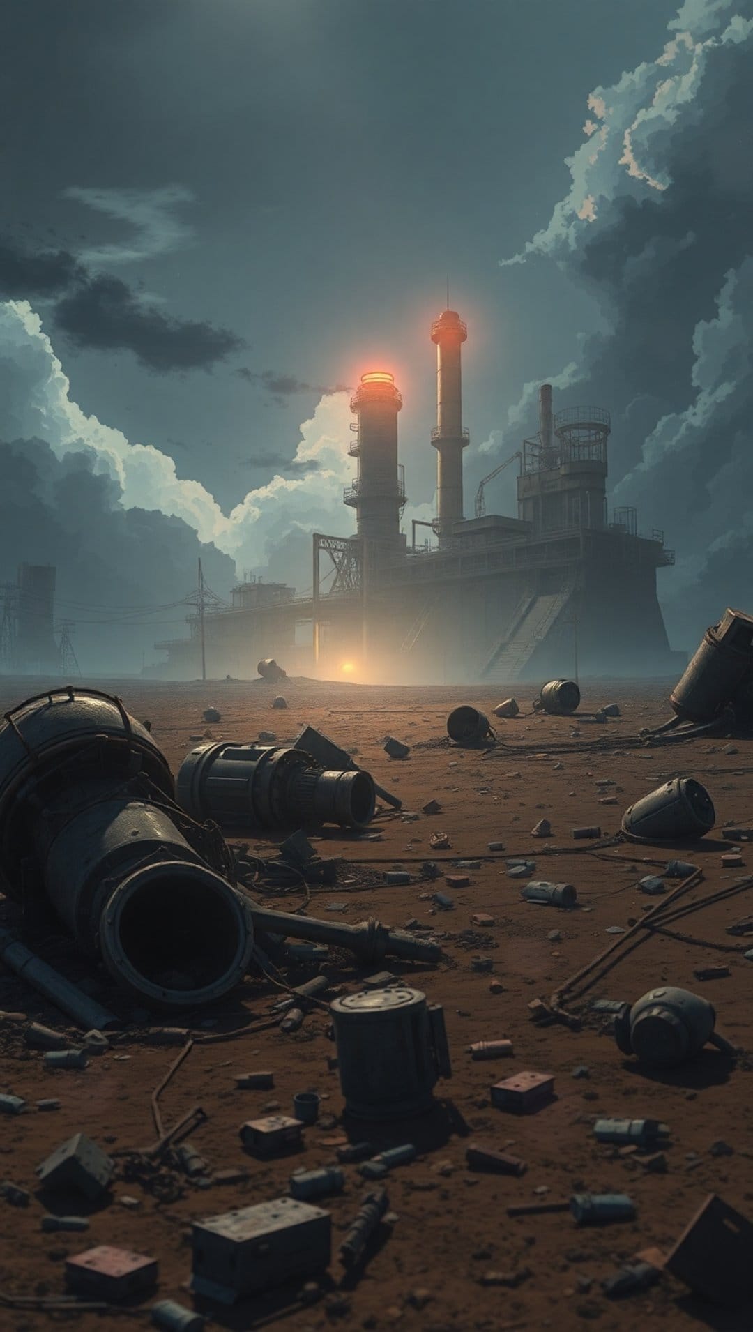 Two glowing orange smokestacks rise from an abandoned industrial factory surrounded by twisted metal debris.