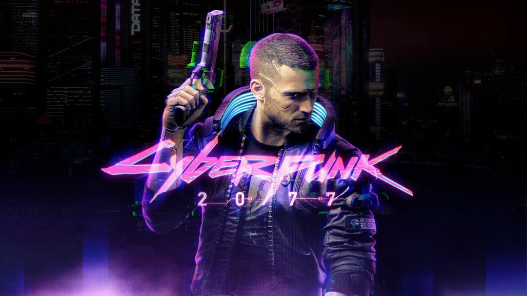 Male protagonist V holding a pistol in a glowing jacket against a neon Night City skyline with glitch effects.