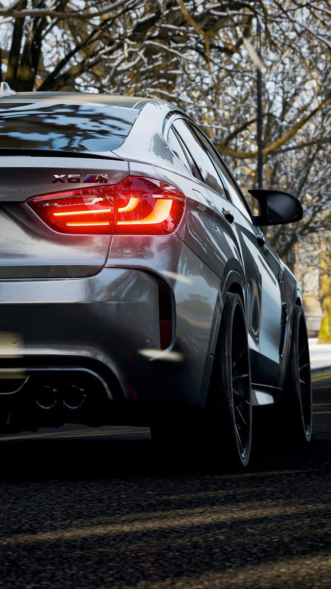 Silver BMW X6 M rear view with glowing red LED taillights on a snowy road surrounded by frost-covered trees.