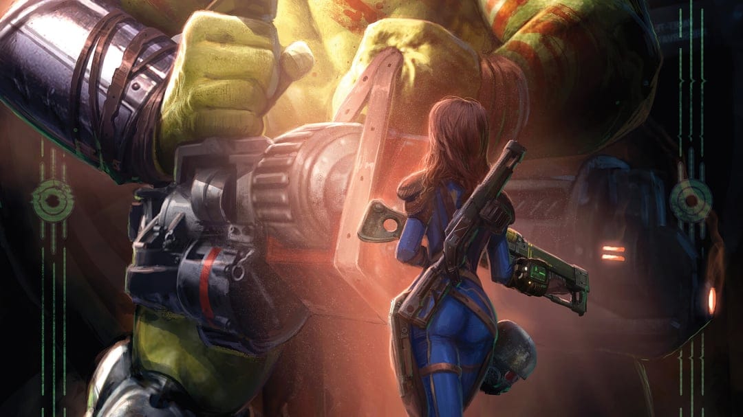 Woman in a blue suit facing a massive green mutant holding a heavy weapon in a dusty, glowing environment.