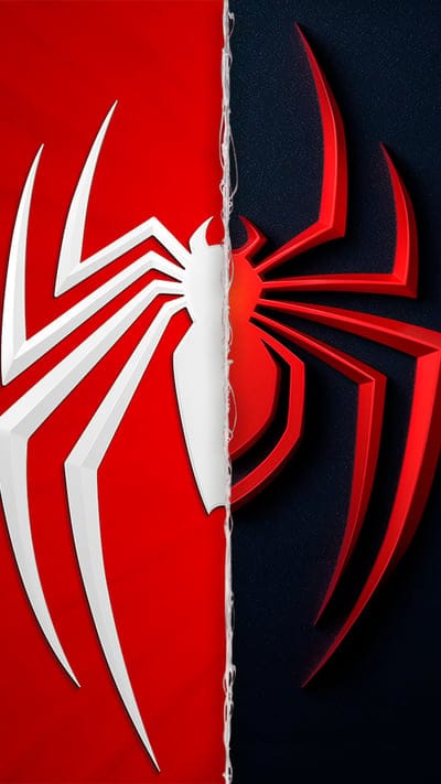 This striking graphic design presents a vertical split down the middle, showcasing two distinct yet complementary Spider-Man logos, symbolizing different iterations of the character or costume. On the left, a bold white spider emblem is set against a vibrant red background, evoking the classic or Insomniac's Spider-Man. On the right, a sharp red spider emblem stands out against a textured dark blue or black background, reminiscent of Miles Morales' suit. A delicate, white spider web string runs down the center seam, subtly connecting the two halves. The 3D rendered appearance of the logos gives them depth and presence, creating a powerful visual representation of the interconnected Spider-Verse.