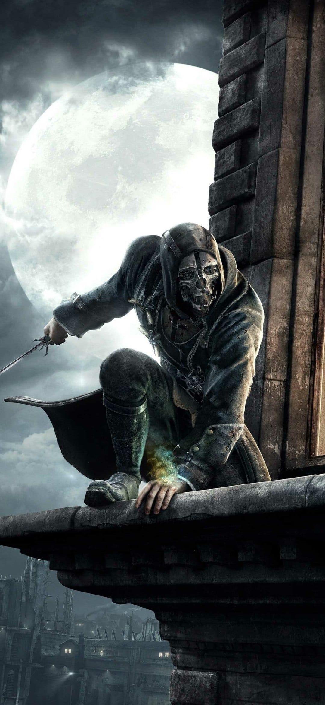 Hooded assassin in a skull mask holding a blade on a ledge against a giant moon and dark city background.