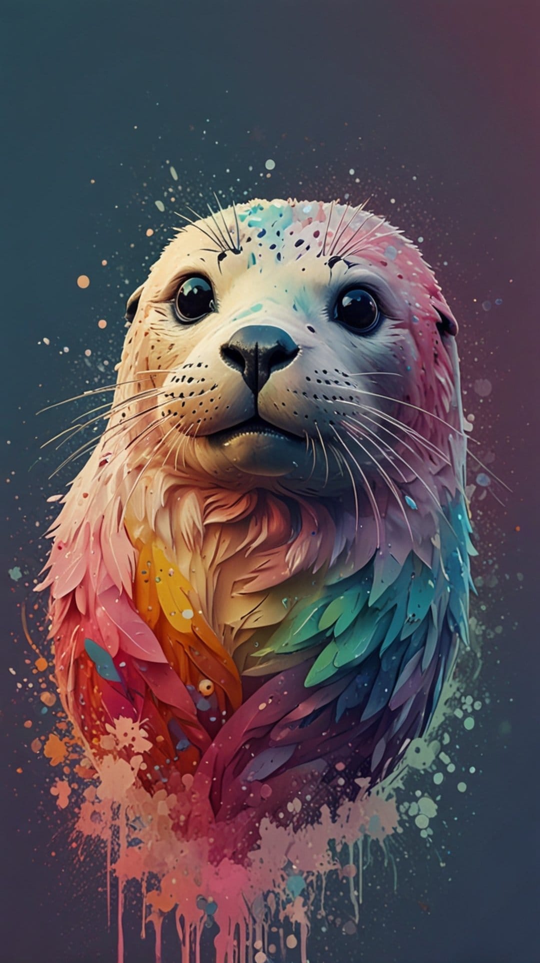 Otter head with rainbow fur features yellow, blue, and pink paint splatters across a clean white background.