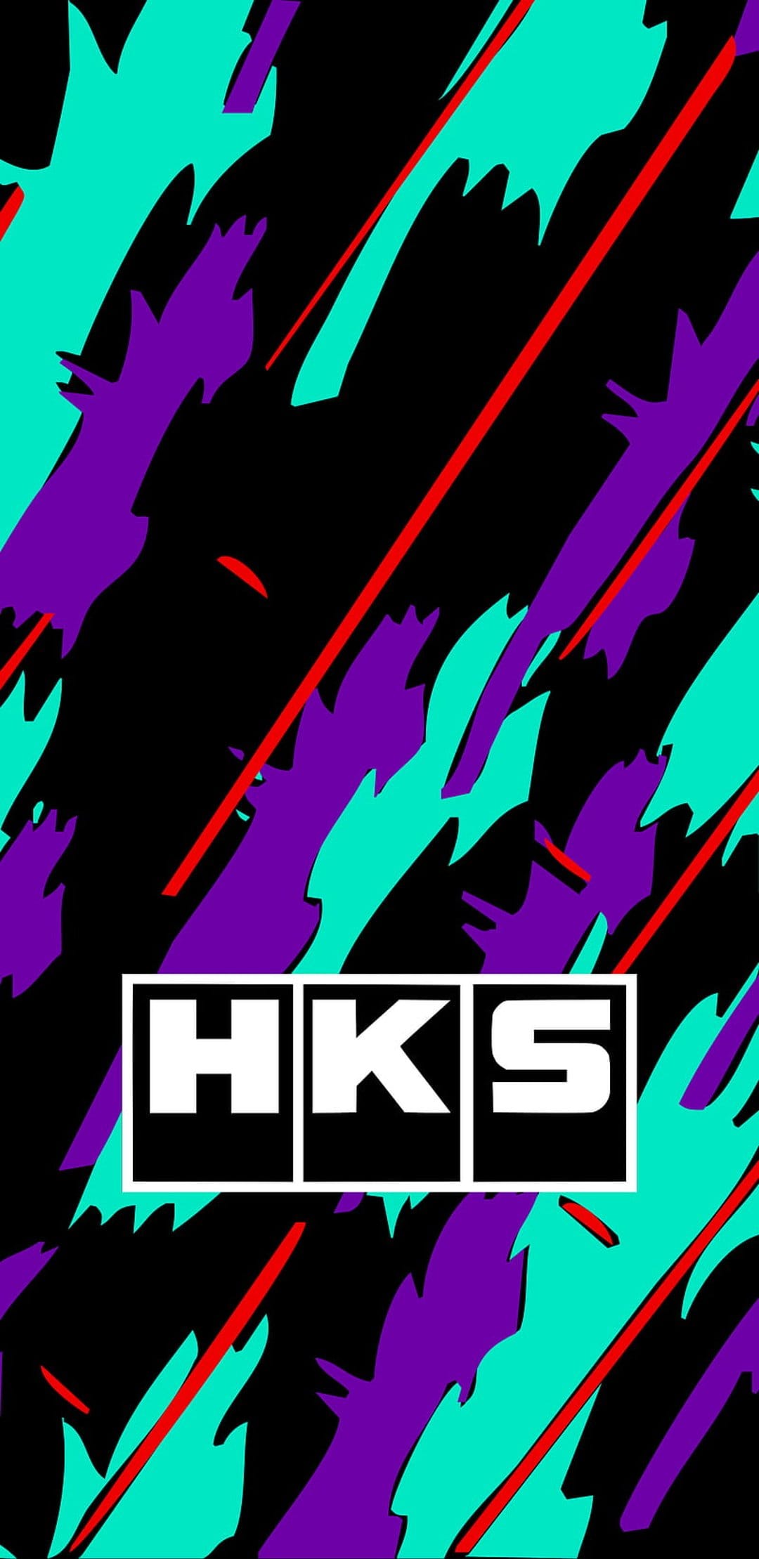 HKS white logo centered over abstract teal, purple, and red paint splashes on a dark vertical background.