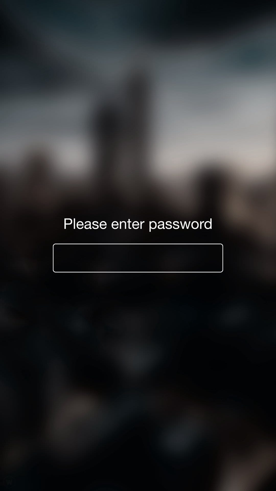 White password entry text and input field centered over a dark, out-of-focus city skyline at night.