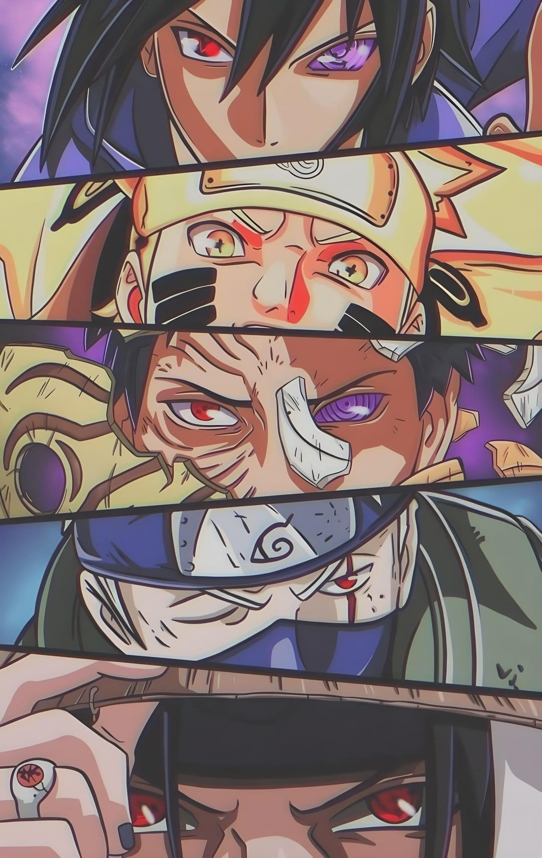 Sharingan and Rinnegan eyes of Sasuke, Itachi, and Kakashi appear in a detailed close-up vertical collage.