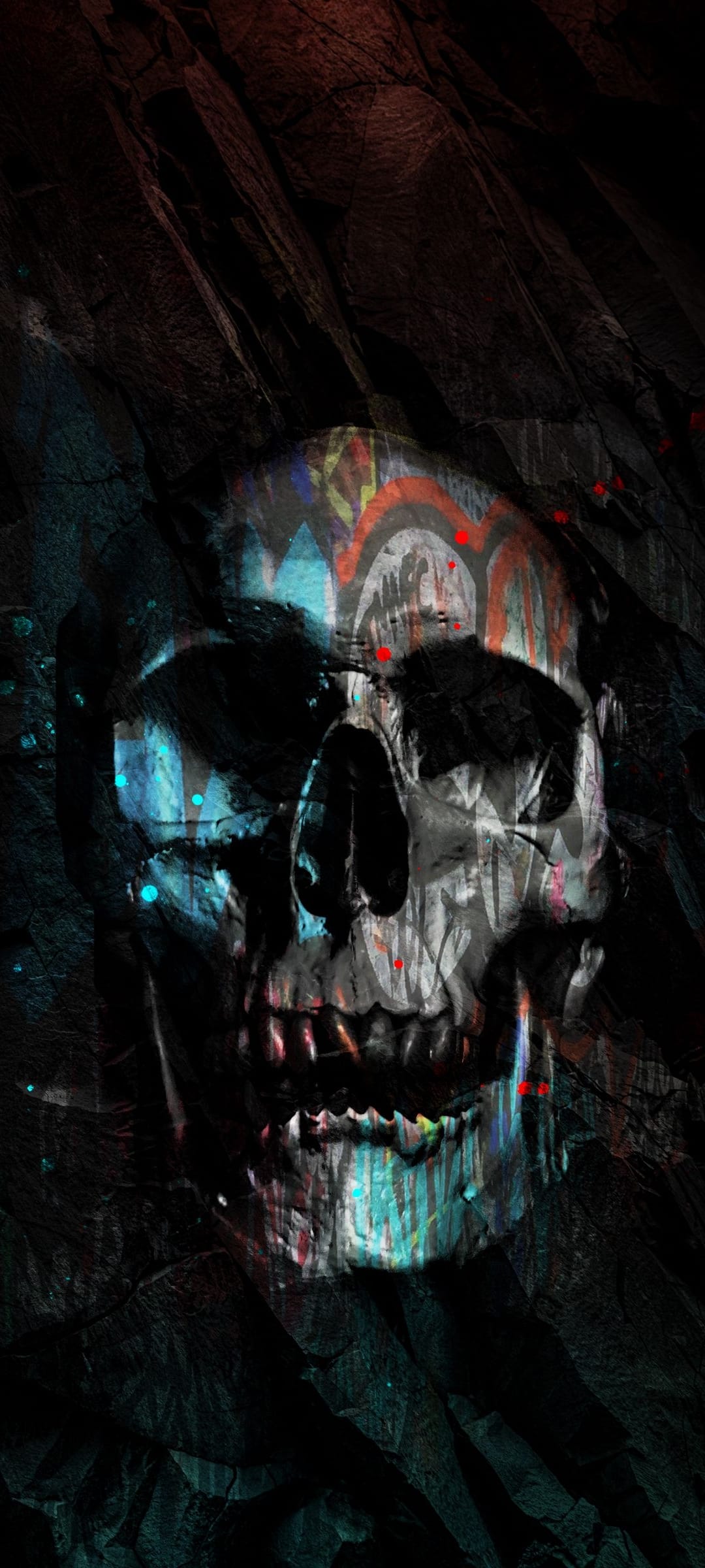 Skeletal head covered in bright red, blue, and yellow paint splatters against a gritty black textured surface.