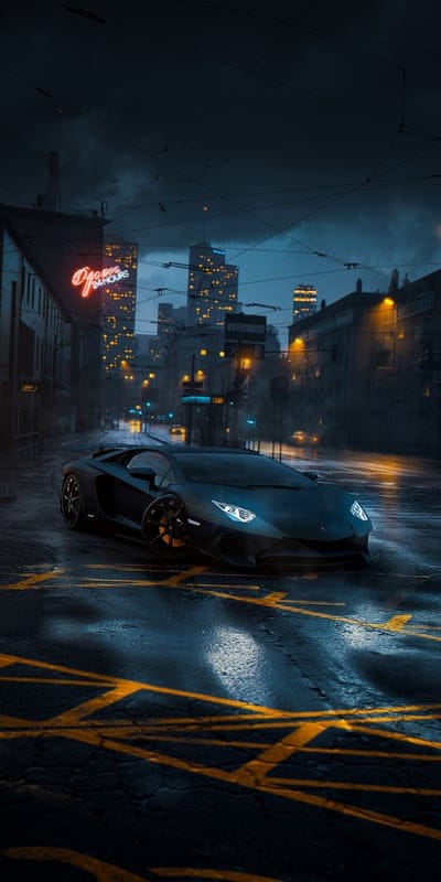 lamborghini,car,black,sports car,headlights,lanterns,twilight