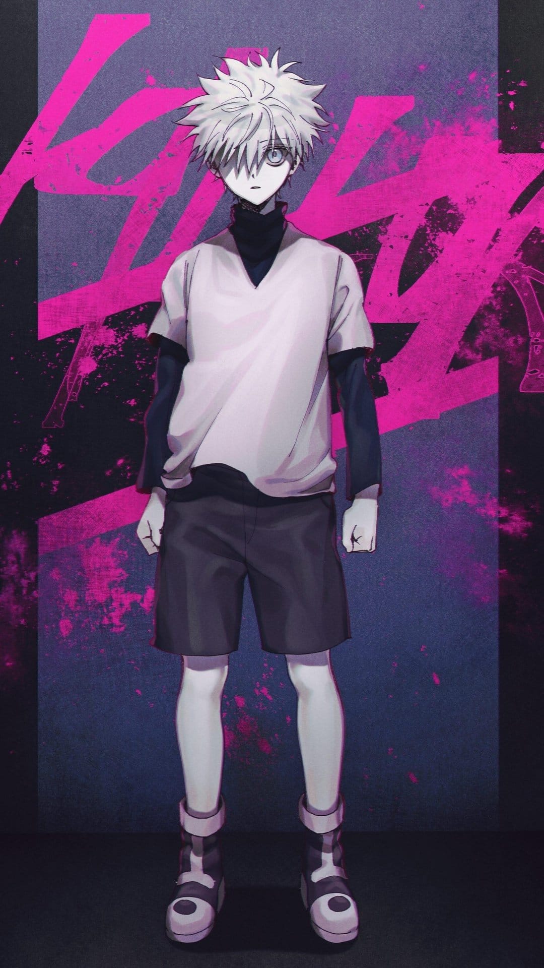 Killua Zoldyck with white spiky hair and blue eyes stands before pink stylized lettering and a dark textured wall.