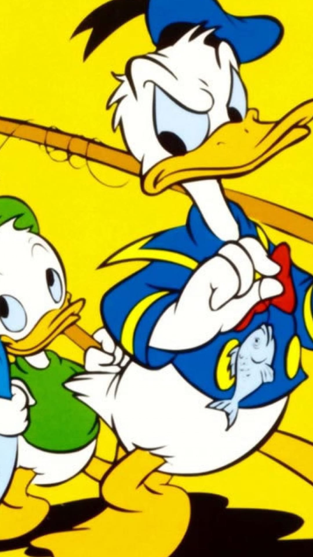 Donald Duck scowls while holding a fishing rod near his three nephews against a bright yellow background.