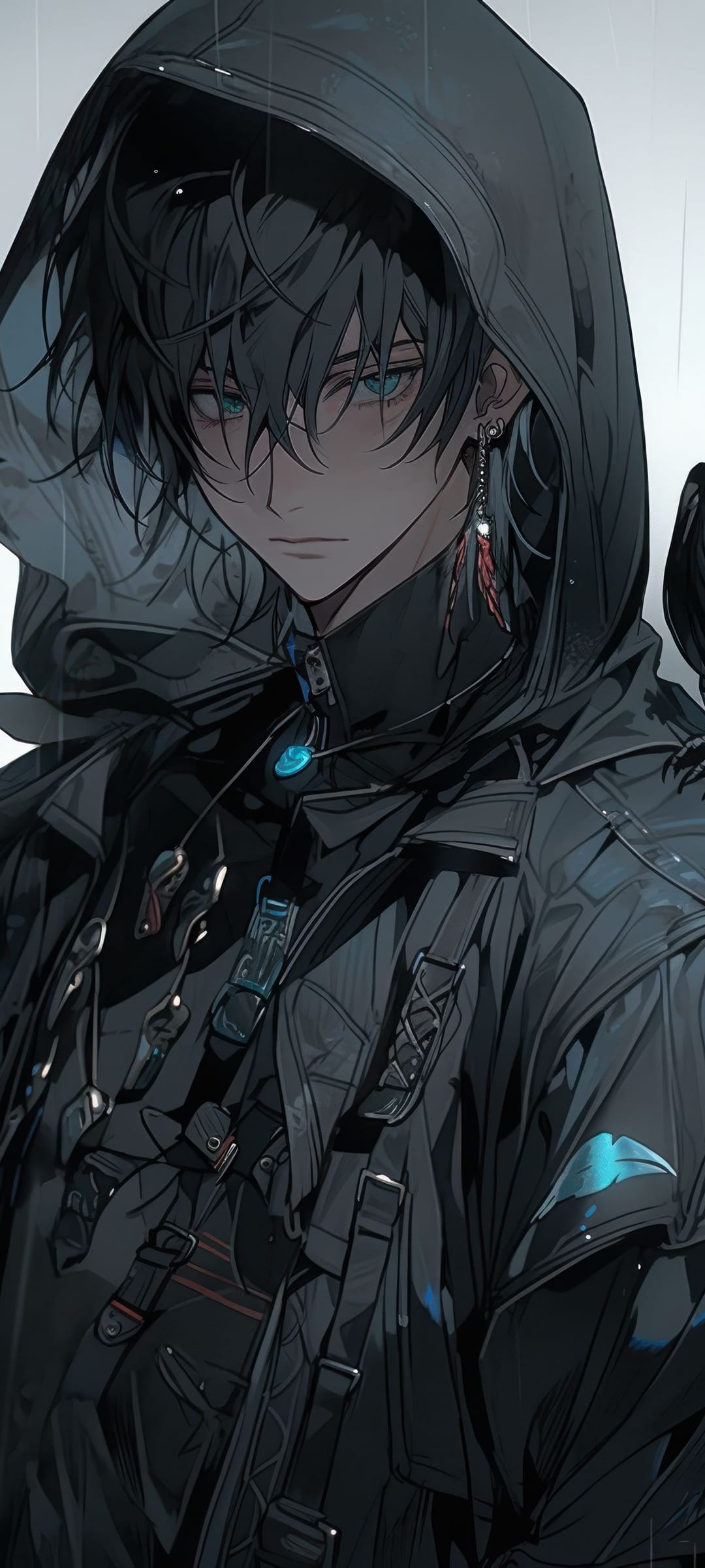 Dark haired boy with glowing blue eyes wearing a black hoodie with a raven perched on his shoulder in the rain.