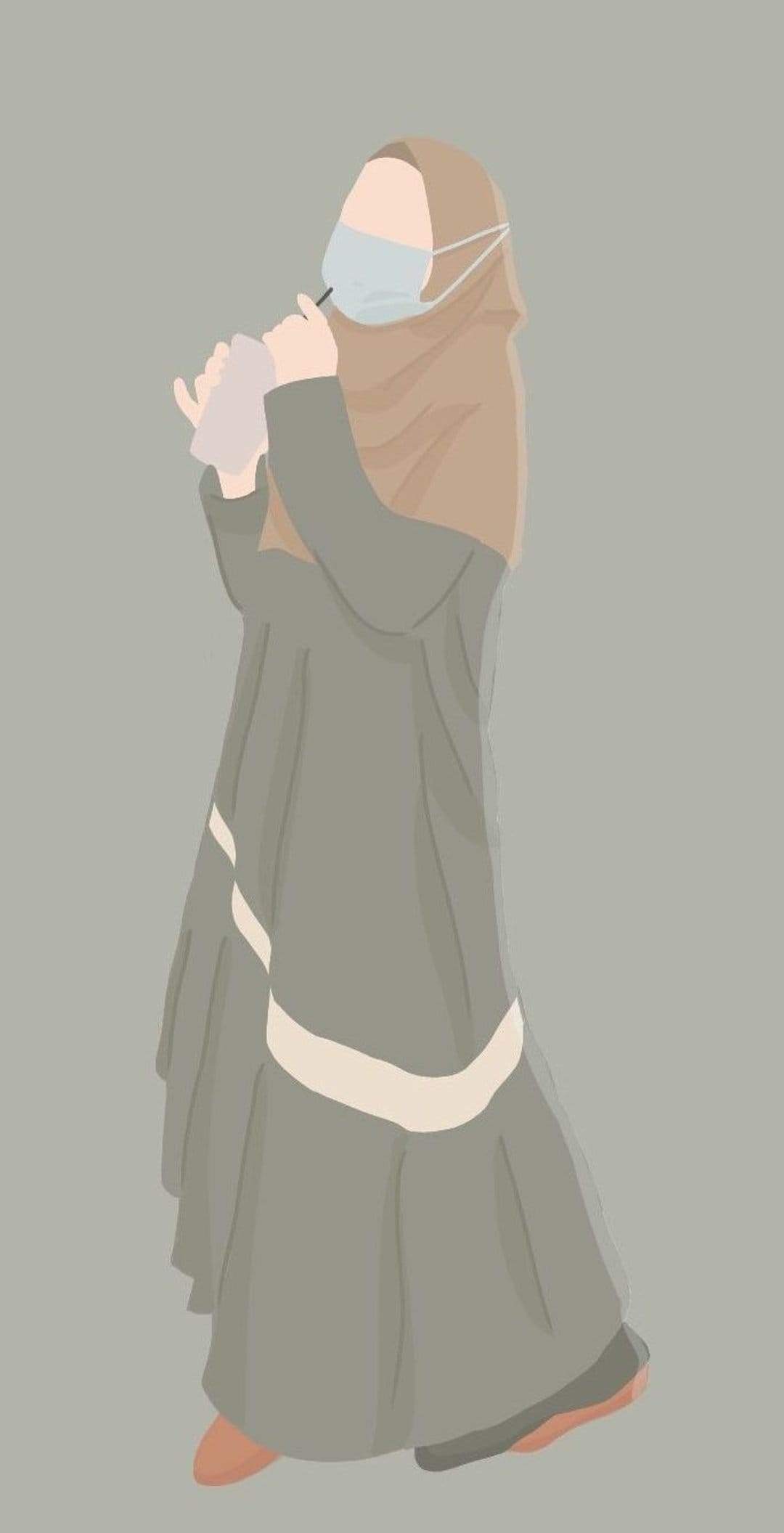 Hijabi woman wearing an olive green striped gown and blue face mask while holding a beverage against grey.