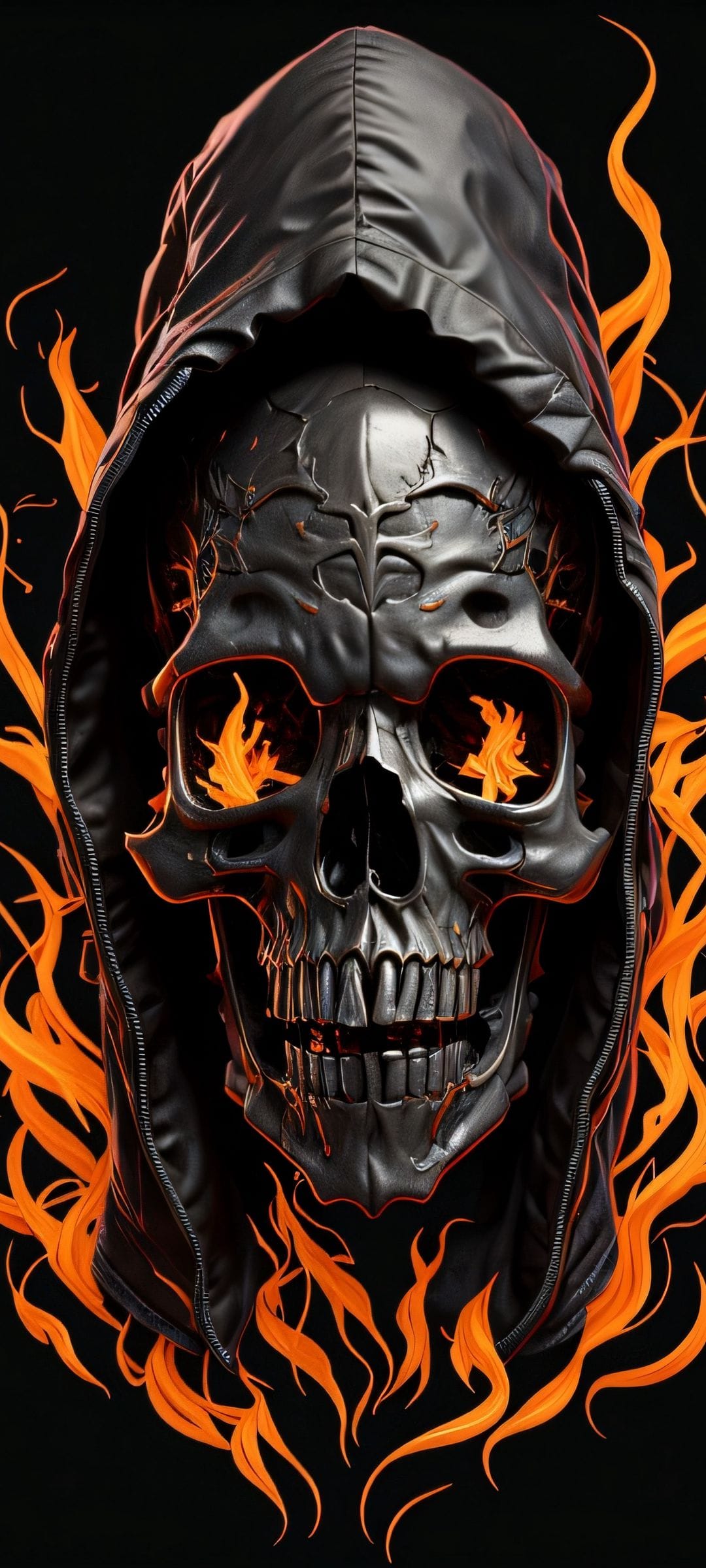 Metallic skull wearing a black zippered hood surrounded by vibrant orange flames and glowing embers against black.