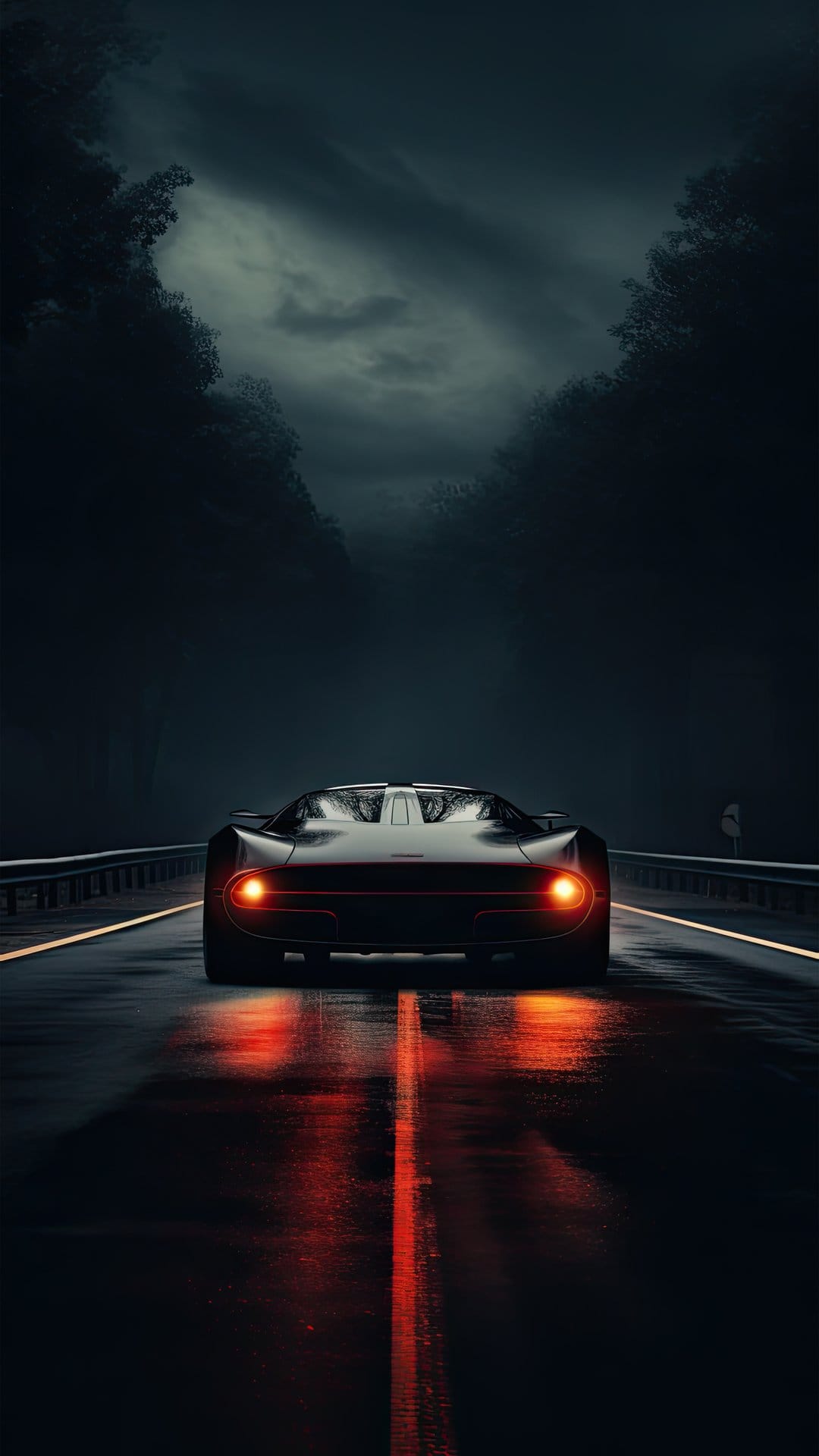 Black supercar with glowing red taillights driving on a wet road at night between silhouettes of trees.