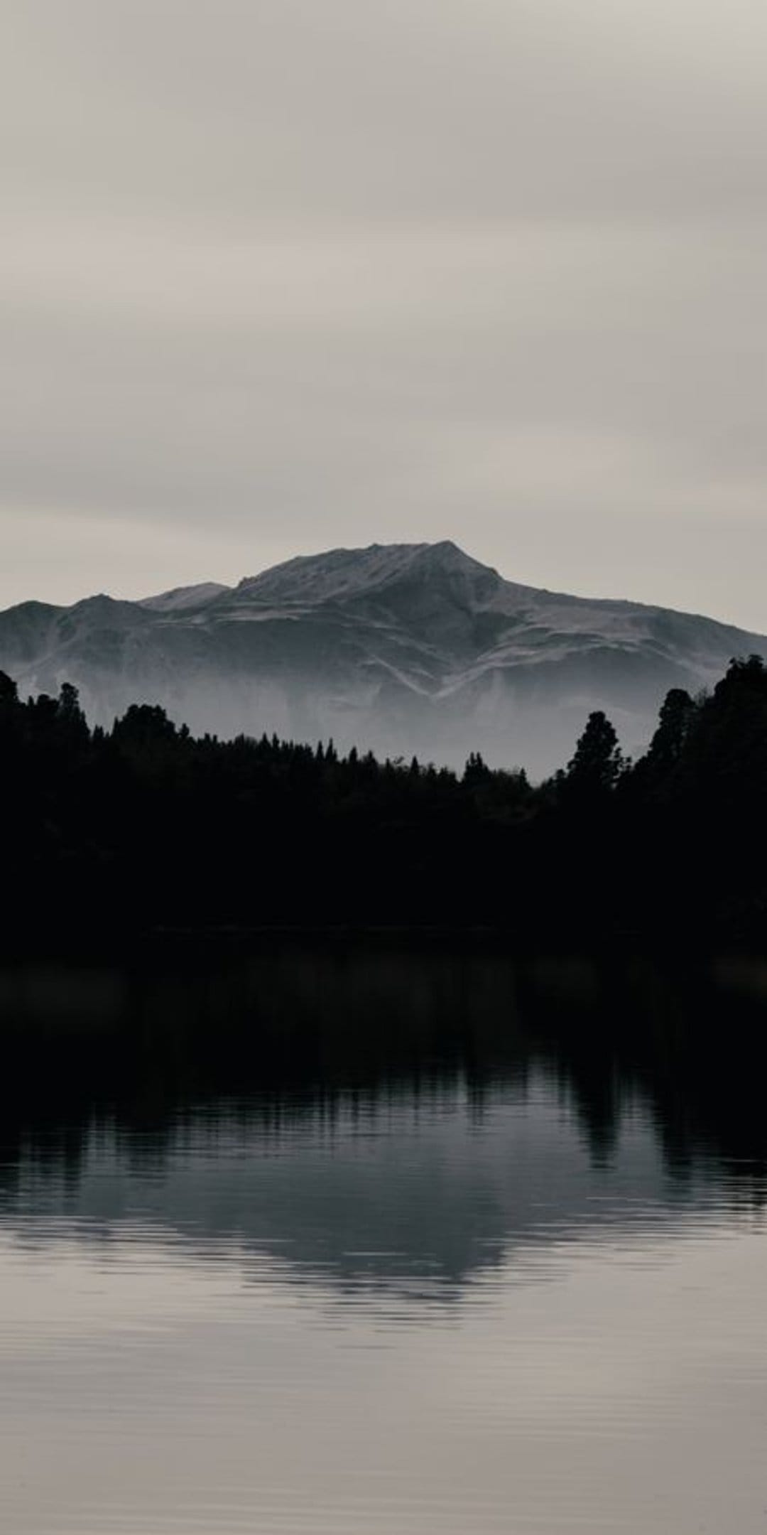 Dark mountain silhouettes and a dense forest reflect in the mirror-like surface of a misty lake during twilight.