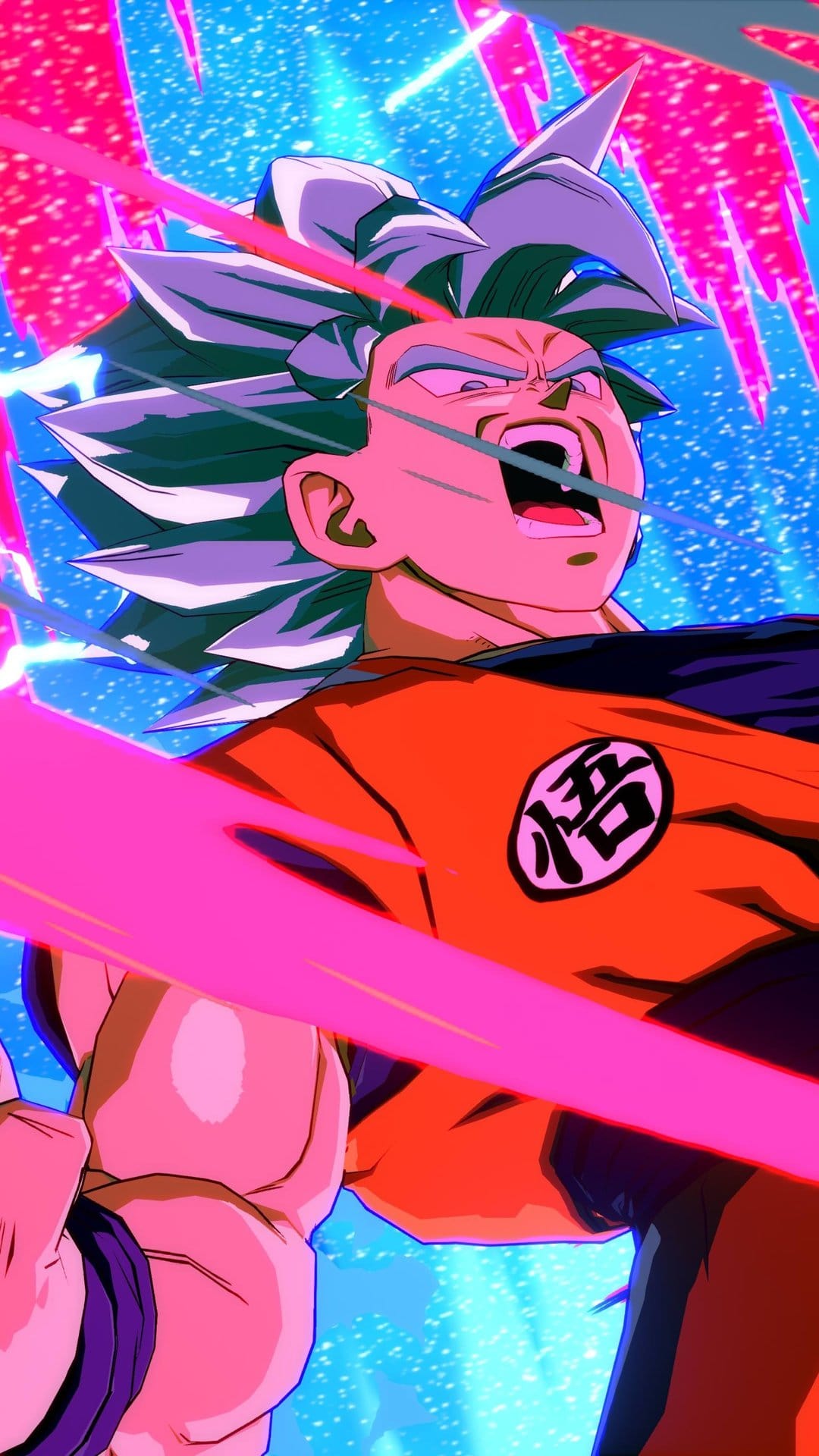 Goku screams with silver hair and a fierce expression amid swirling pink and blue energy on a vertical screen.