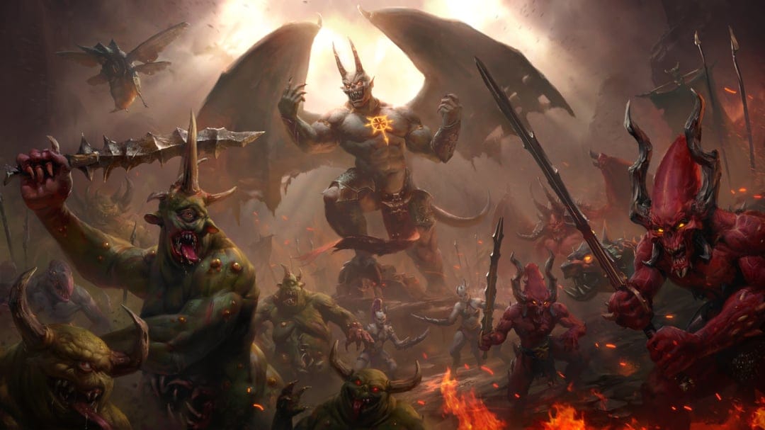 Winged demon lord stands amid a chaotic horde of monsters and fire in a dark fantasy landscape.