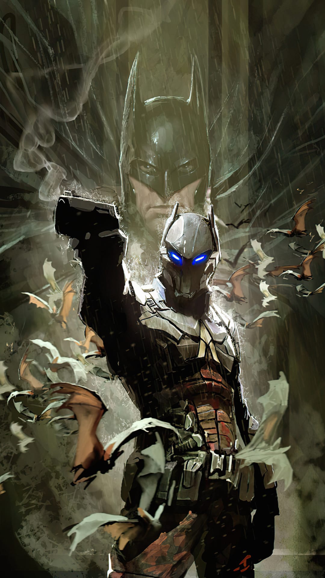 Azrael in armored gear with glowing blue eyes stands before a faint Batman silhouette during a Gotham rainstorm.