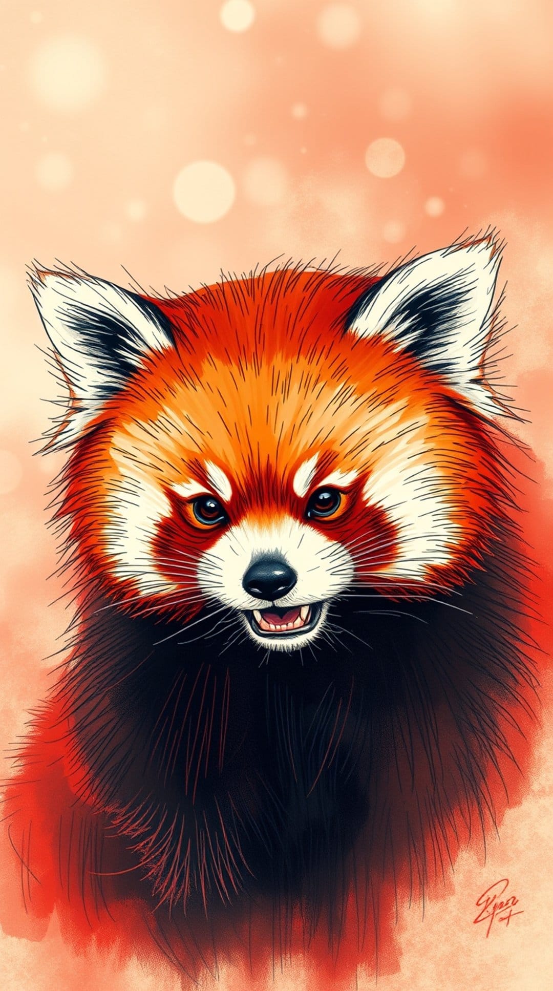 Red panda with orange fur and white markings stares forward against a blurred bokeh background of warm amber light.